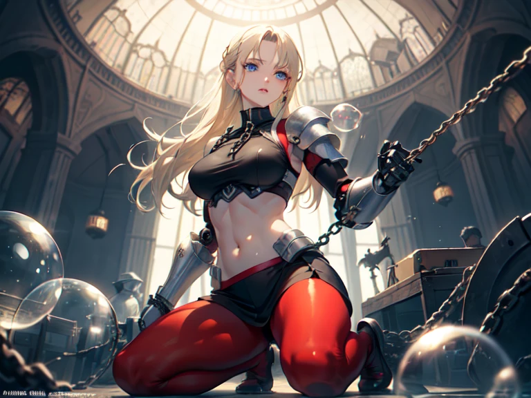 ((best quality)), ((masterpiece)), (detailed), Perfect face,Top quality、Top image quality、masterpiece、girl with((Red tights、Black mechanical armor、Sixteen years old、Lovely woman、Best Bust、Grand Bazaar,Beautiful light blue eyes、Breasts wide open, A blonde、A slender one,Oyama Valley、War campaign,Warlike faces、Navel vest、Mechanical skirt、anchor chain、chain、Holding a chainsaw、bubble gum)),high quality、beautiful art、background((universe)))、depth((Black Hole)),On the table、Depth of Field,movie style