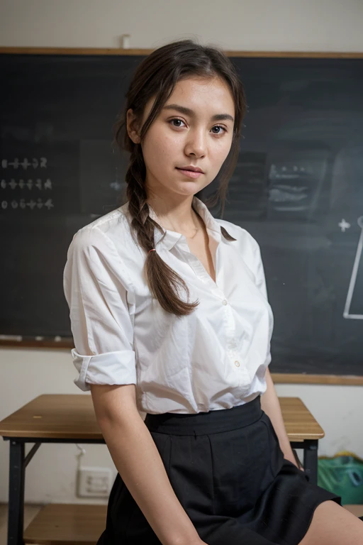 Take a photo for me where there is a girl and she is turned to face the class and tells the biography of Alykul Osmonov against the background of the blackboard and next to her is a teacher of Kyrgyz literature, a girl of -13ith bows in a white blouse and a beautiful skirt, the teacher sits on the side at the teacher’s table and listens ( no need to sexualize, do everything clearly according to the description)