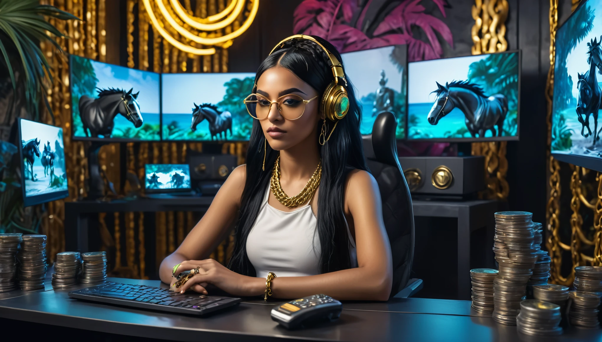 I want a sculpture of stoic philosophers with a black and white background. The image should focus on philosophers holding money or in a meeting and showing wealth. It must be a complete sculpture with walls or buildings in the background. Hyperrealistic with gold chain glasses, several gold coins scattered on the floor, young woman with dark and mixed skin with long black hair carrying computer phone and holding two monitors sitting in cyberpunk sci-fi tropical island room., Best for creating fairy horse style and sharp lines.
brilhante, detalhado, 8k, intrincado, Fantastic, colorful vibration, brilhante, descolado, reggae