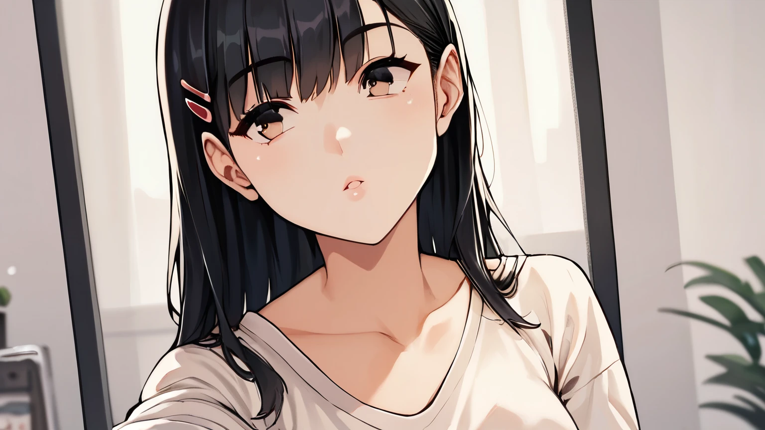 score_9, score_8_superior, score_7_superior,   Cowboy Shot, From the side,  One girl, smartphone,  Selfie,  amount,  Hair Clip, Voice of the Heart, Black Hair, bangs,
,   