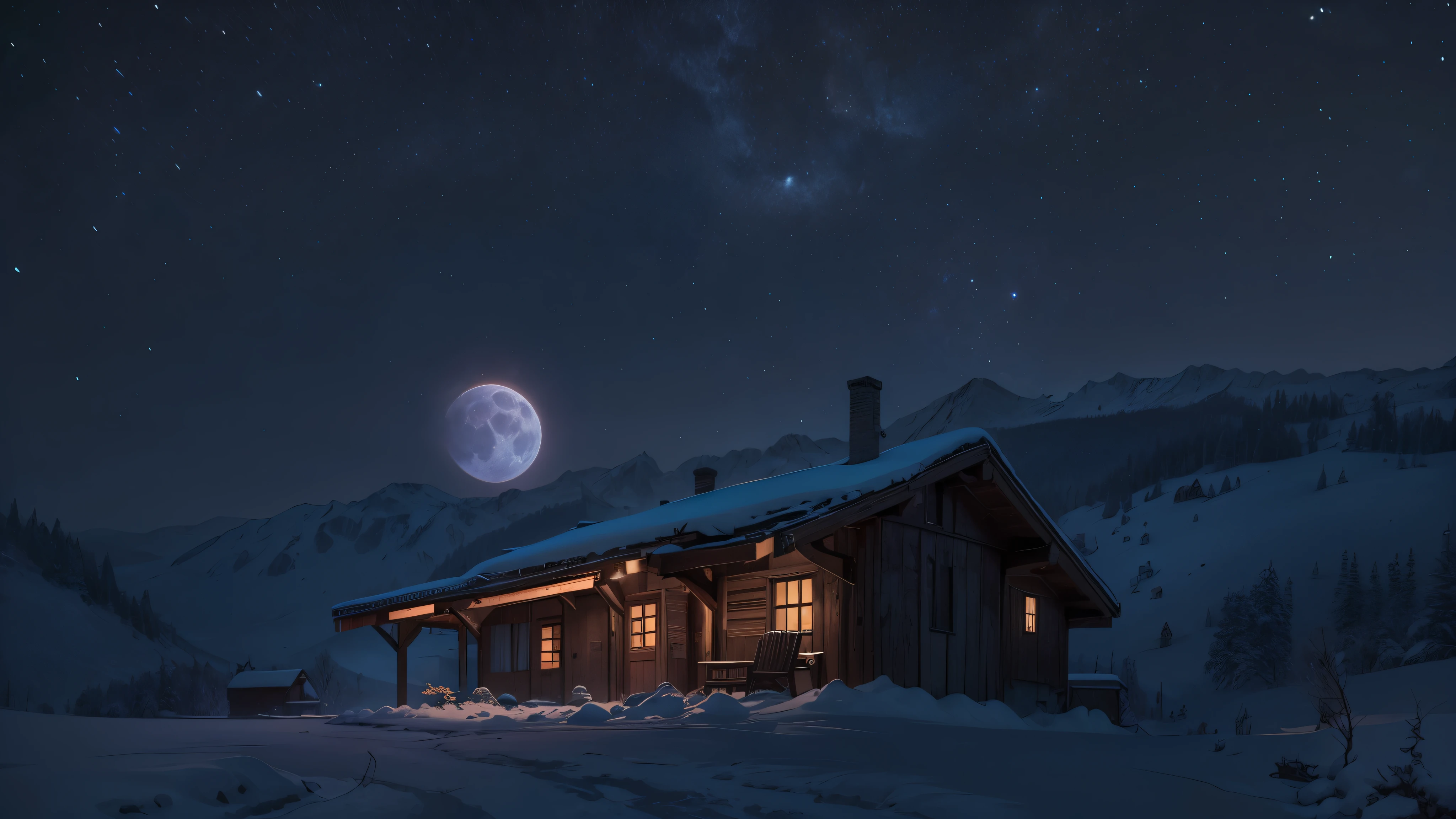 Mountain hut on a moonlit night