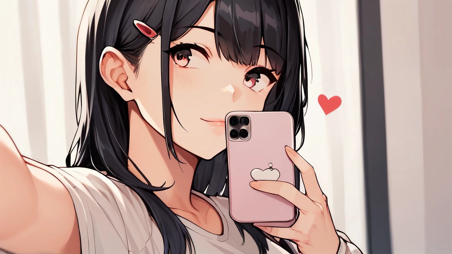 score_9, score_8_superior, score_7_superior, Cowboy Shot, From the side, One girl, smartphone, Selfie, amount, Hair Clip, Voice of the Heart, Black Hair, bangs,
,