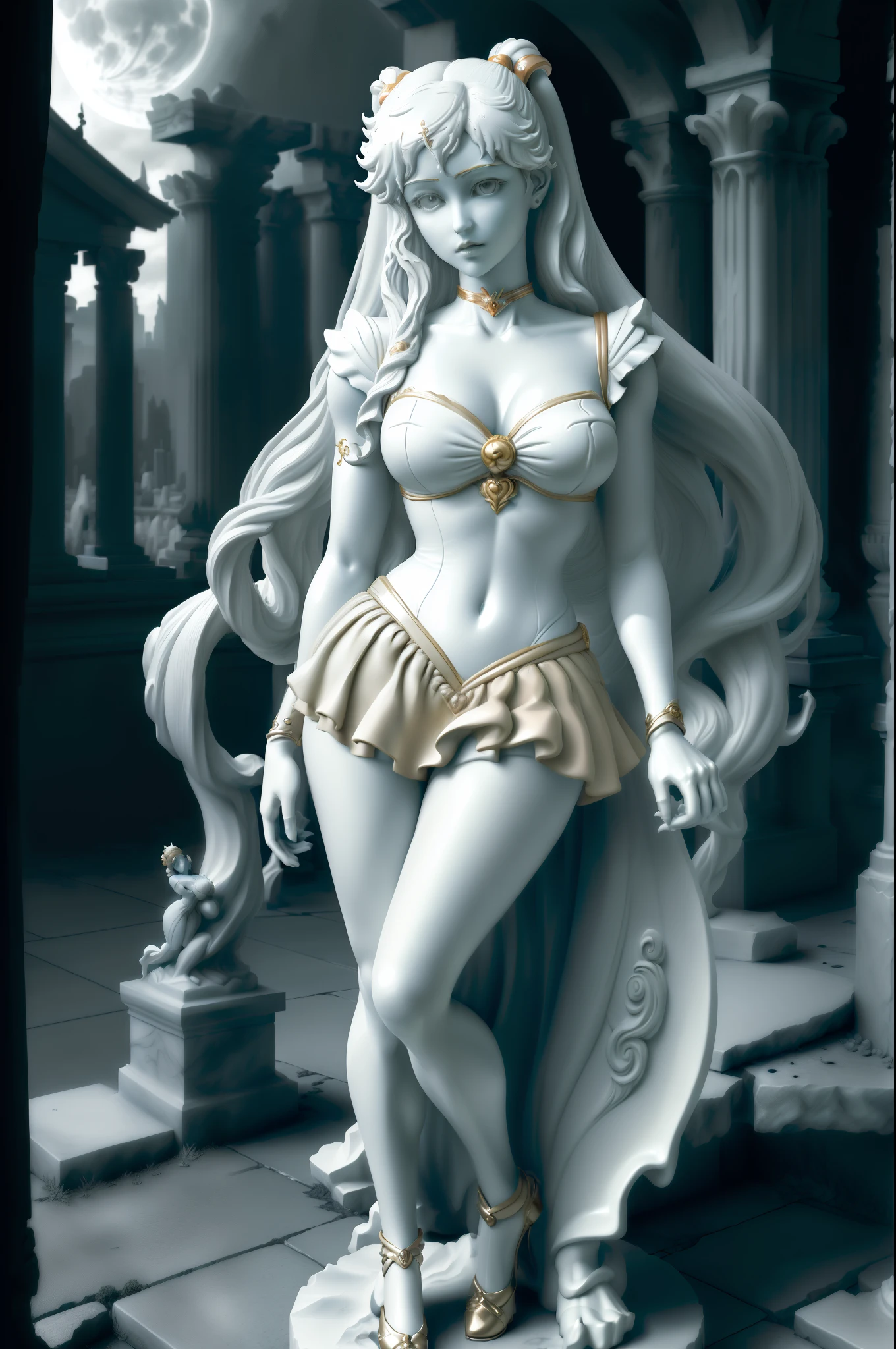 ((masterpiece:1.4), (highest quality:1.4), (Realistic:1.7))、RAW Photos、Octane Rendering、((An exquisite sculpture of Sailor Venus))、Full body goddess statue、(((Only the sculpture is monochrome)))、(Costumes are sculpted in detail)、((Detailed marble statue))、Sexy pose with hands outstretched、Big eyes、Droopy eyes、Large Breasts、(Sailor Warrior Uniform、Elbow hand pockets、tiara、Pleated mini skirt、Hair Ribbon、choker、White gloves、Very long hair)、Spotlight、The performance is beautiful、Temple ruins、night、Big Moon、Spotlight、Background is soft focus、