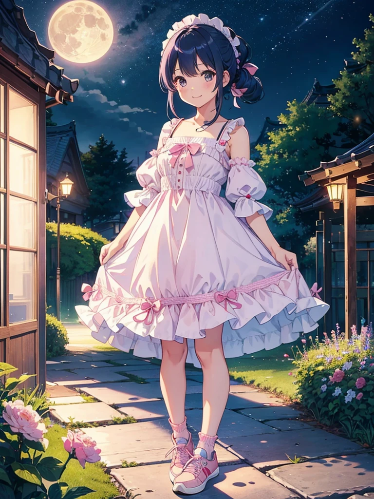 highest quality、Masterpiece、night、Full moon in the distance、Flower Garden、SakuraFubuki、One girl、Blue Hair、Hair tied up、Smile、Pink and white ruffled dress、Calf socks、Pink sneakers、Standing pose