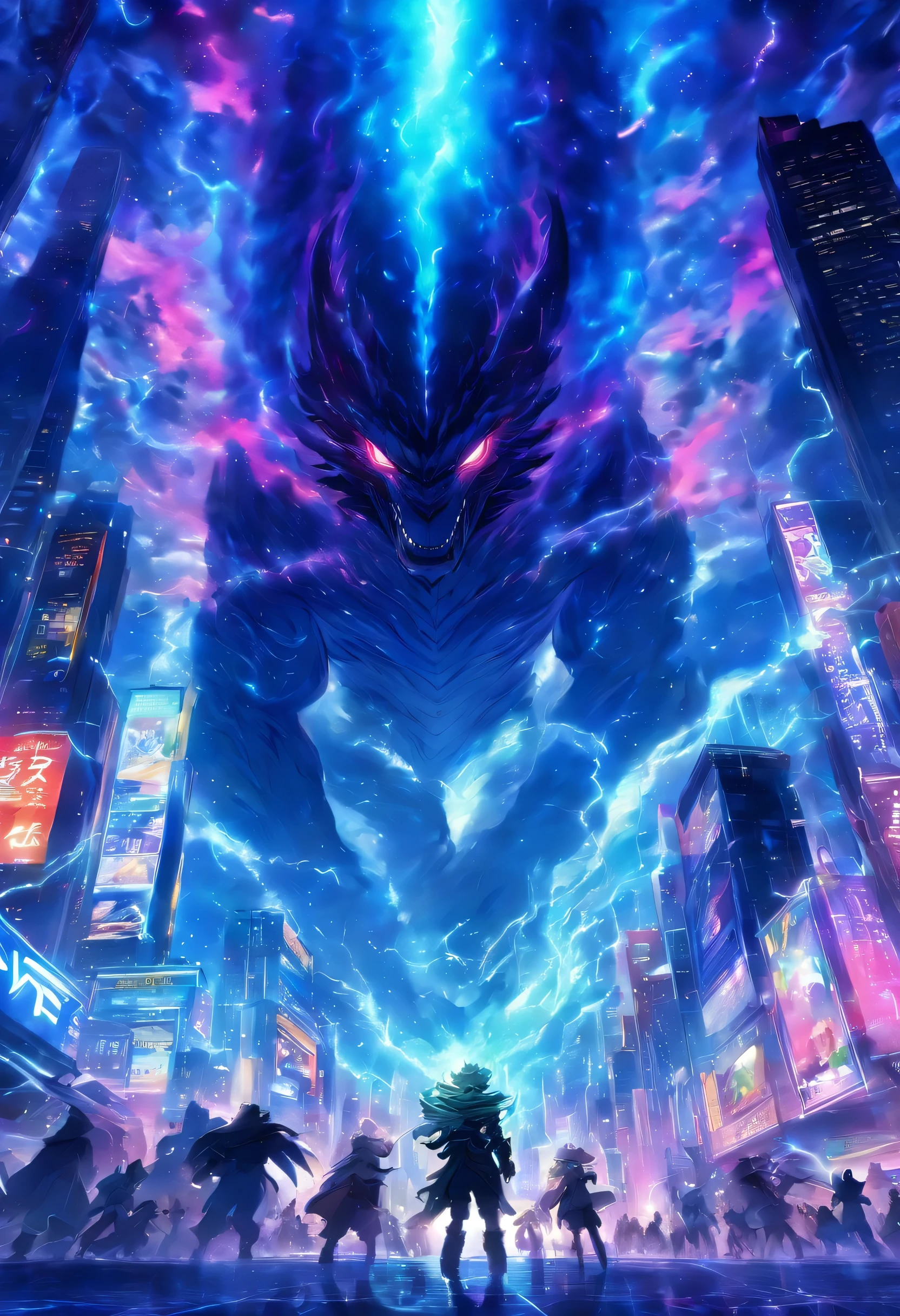 A dynamic and intense scene of a massive space war, with a colossal alien monster looming over New York City. The alien, with claws and a menacing countenance, is surrounded by a swirling vortex of cosmic energy. The city skyline is in chaos, with buildings collapsing. Blue, blizzard , polar, bear, polar bear,