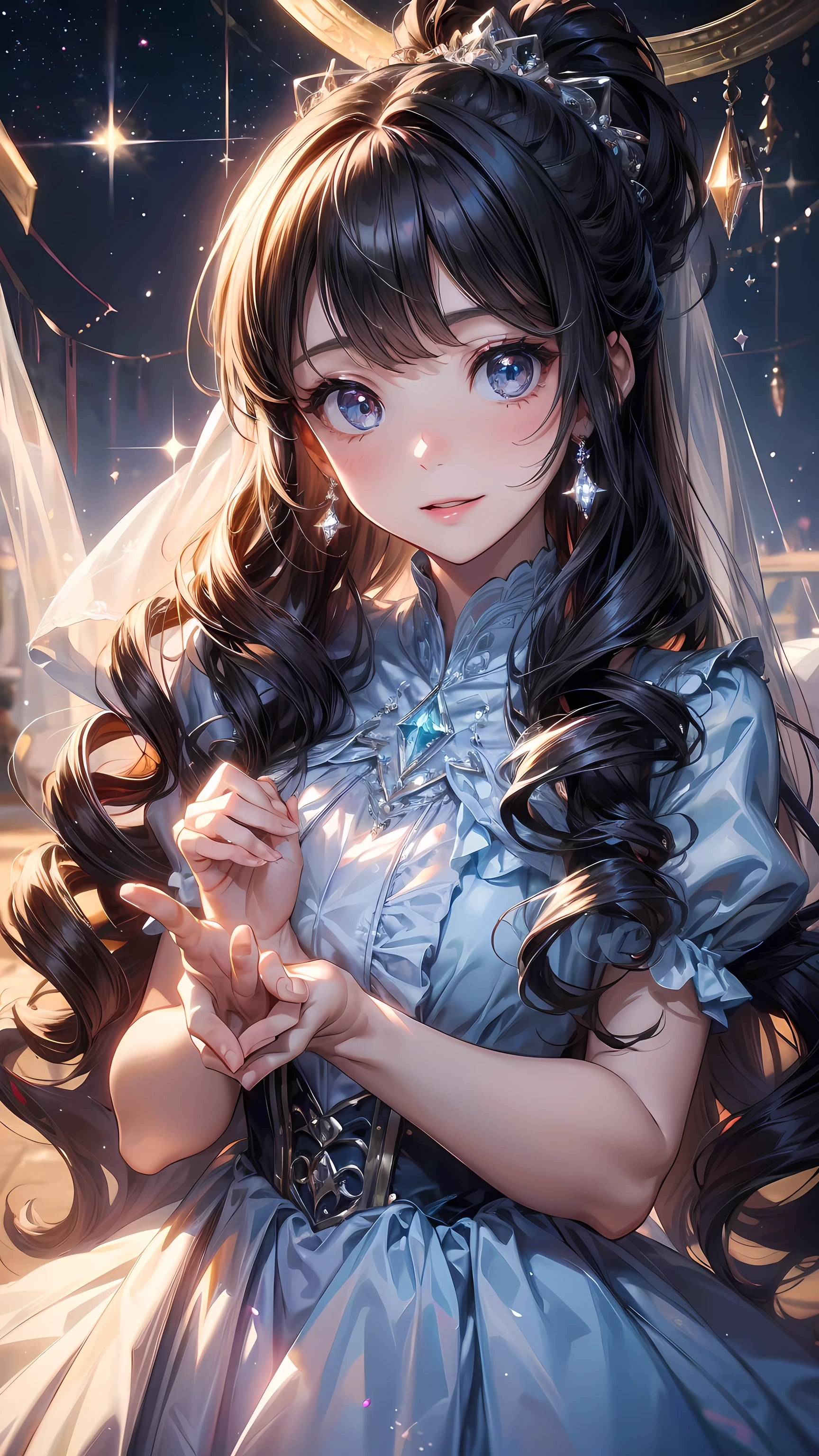 Drama, Court dress, Royal, Gorgeous, Cascading Ruffles, Ruffles, bow, Crystal chandeliers, Roman Curl Hairstyle, Will release, Double ponytail like a drill, Looking at the camera, Bangs, Minimalism, Magnificent background, Delicate depiction of hair and eyes, Princess dress, Gorgeous skirts, Holding flowers, Smile, Eyes of the stars, light, Extreme details, HD, Happy girl, Very long hair, diamond, broken diamond, Crystal Shards, Light Particles