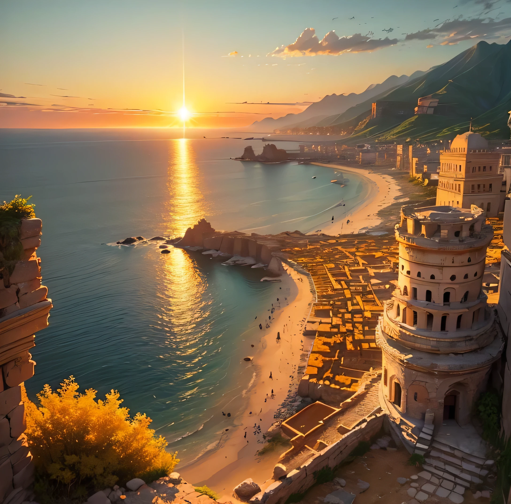Golden Ancient Ruins floating in the air、A golden country where everything shines gold 、Golden Sea、Golden Ancient Ruins. with the sun setting on the horizon, Painting the sky orange and gold,Natural Beauty、 In a magical scene in the late afternoon." 、Lens flare、Landscape painting、No humans、((Landscape painting without people:1.4))
