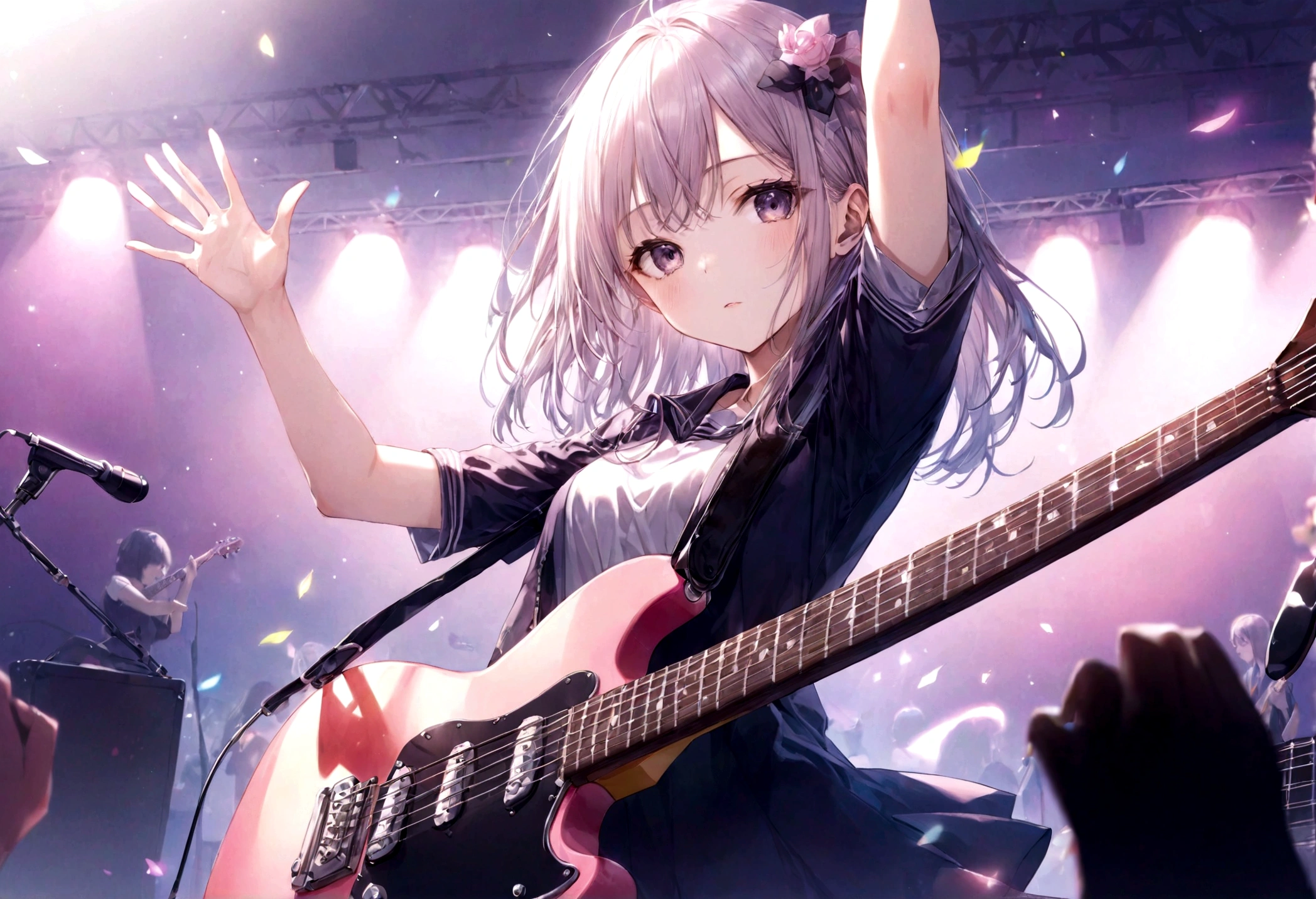 high school girl、Light Music Club、Electric guitar、Raise one hand