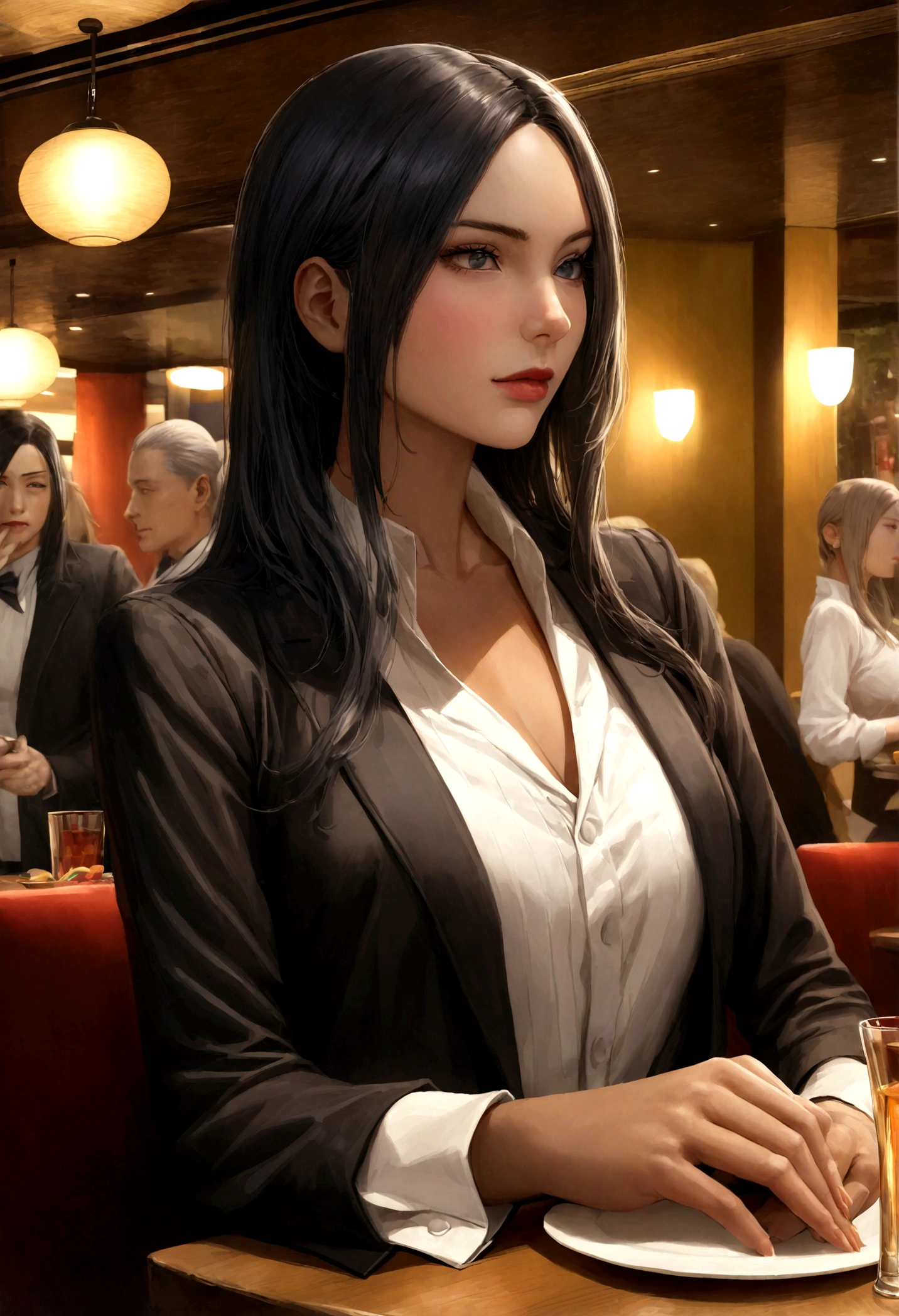femme de 26 ans, cheveux cour noir, well dressed short, beau visage, Tanned skin (realistic skin) au restaurant