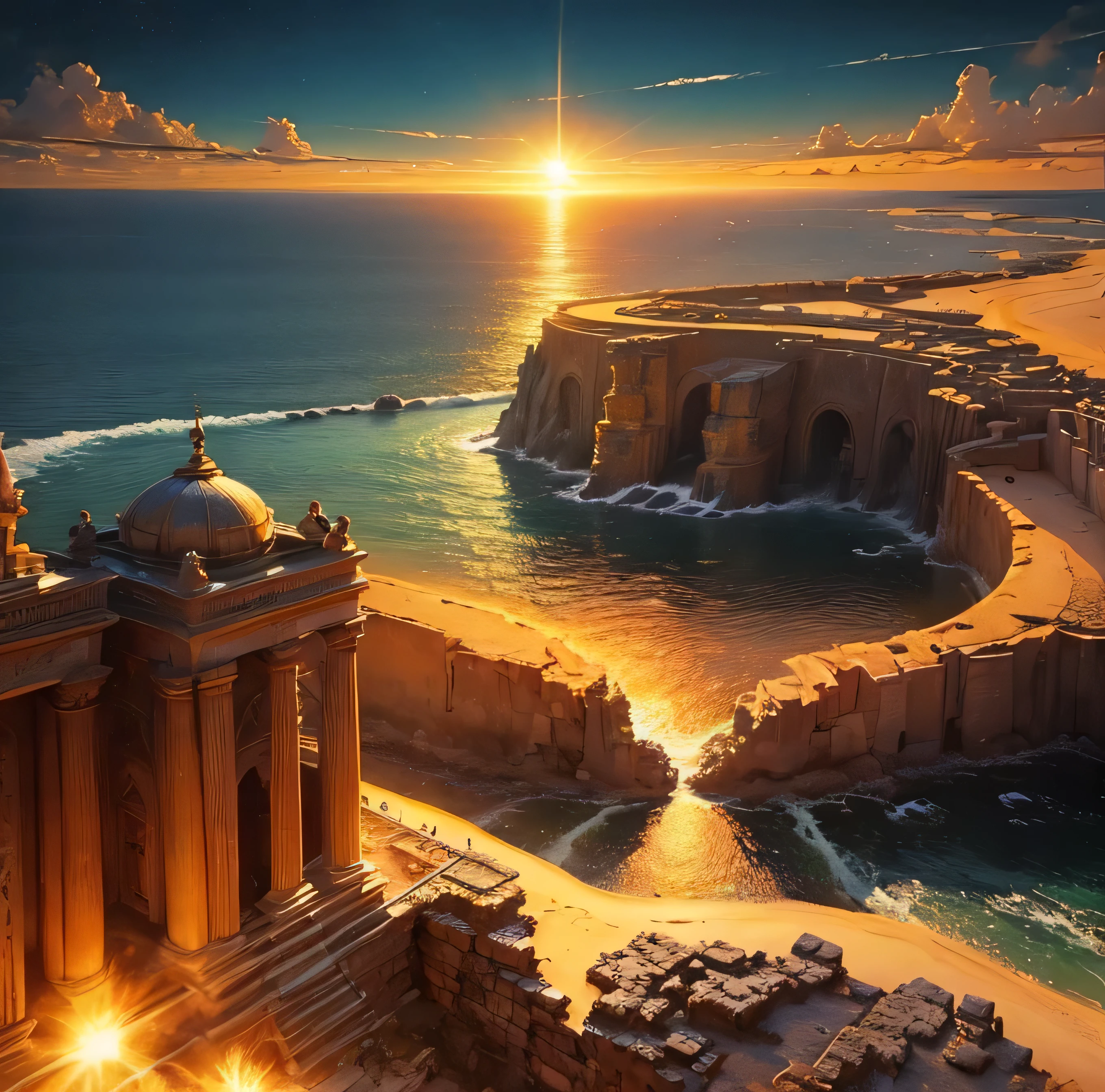 Golden Ancient Ruins floating in the air、A golden country where everything shines gold 、Golden Sea、Golden Ancient Ruins. with the sun setting on the horizon, Painting the sky orange and gold,Natural Beauty、 In a magical scene in the late afternoon."  、Lens flare、Landscape painting、No humans、((Landscape painting without people:1.4))