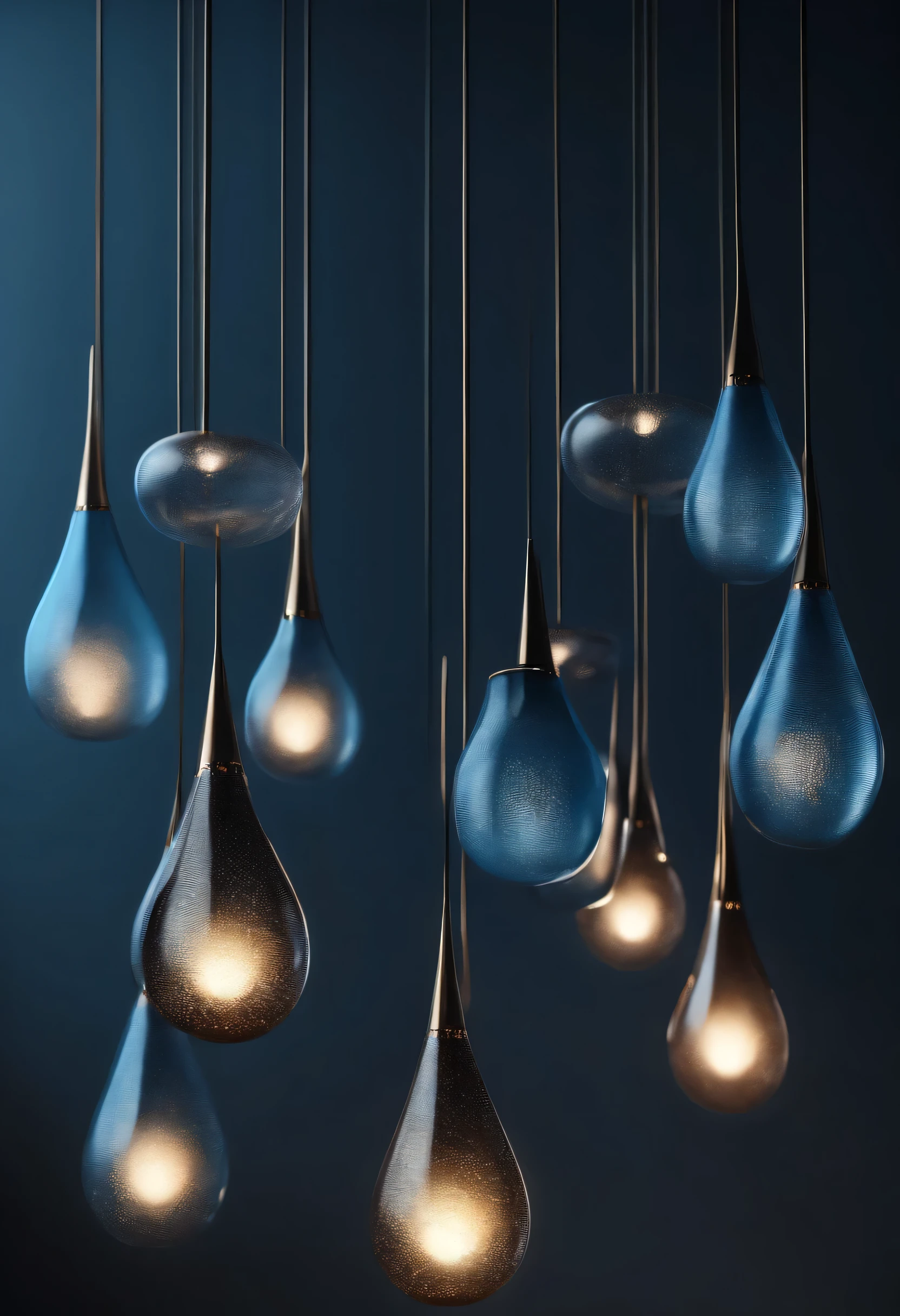 Professional architectural 3D rendering of the design of a chandelier in a modern and minimal style in the shape of raindrops and in blue color 