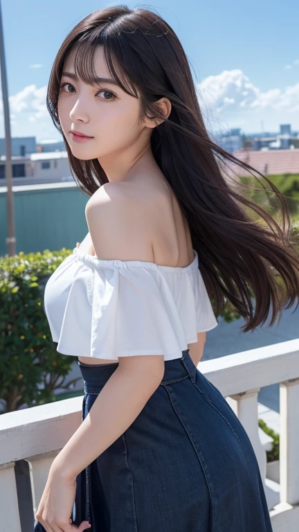 Put your arms behind your back、8K、Detailed Description、Very high definition、Realistic、reality的、Real、live-action、reality、High resolution、Nogizaka46、japanese idol,beautiful girl、21 years old、Dark brown eyes、sunny、blue sky、City、light smile, closed mouth,Off-the-shoulder tops、Long skirt、Long Hair、Knee-up-top angle of view、Back view、look back、Very black hair、pretty girl、Beauty、Glowing Skin、Glowing Skin、Shiny Hair、Hair blowing in the wind、Very white skin、Heavy makeup、Large Breasts、Slit eyes、Big Eyes、Double eyelids、Don't show your teeth、