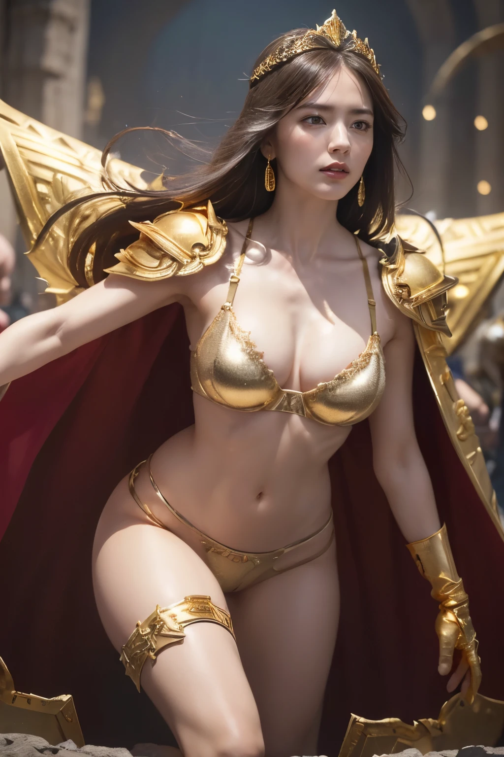 " Figure, Full body like、(((female warrior is fighting in a battle field of ancient Europe.)))、Small silver tiara, The upper body is knight's armor、The lower part of the body is bare、Thigh Armor, cammel toe、Cape, Perfect breasts, (((the perfect body))), (Best Quality, 4K, 8K, High resolution, masutepiece:1.2), Ultra-detailed, (Realistic, Photorealistic, Photorealsitic:1.37), royal, Captivating, (Vibrant colors, sharp chest:1.1), Soft lighting"、Dark pubic hair, (((surrounded by plenty of enemies))), transparent (((tiny gold scanty.))), (((tiny gold bra))) ,(((hot thighs))), (((big breasts))), (((gold gloves.)))