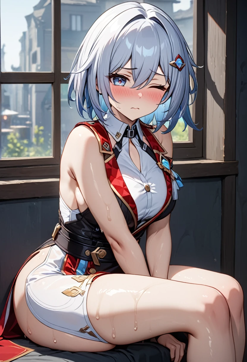 masterpiece, high resolution, ultra detailed, 8K,  topaz from honkai star rail, embarrassed, shy, simple background, HDR, hand between legs, in the window, sexy sitting pose, leaning forward, one eye closed, sweaty, cute pouting, squishy thighs, side slit, pelvic curtain, heavy breathing, has vibraor in, thrusting crotch on window