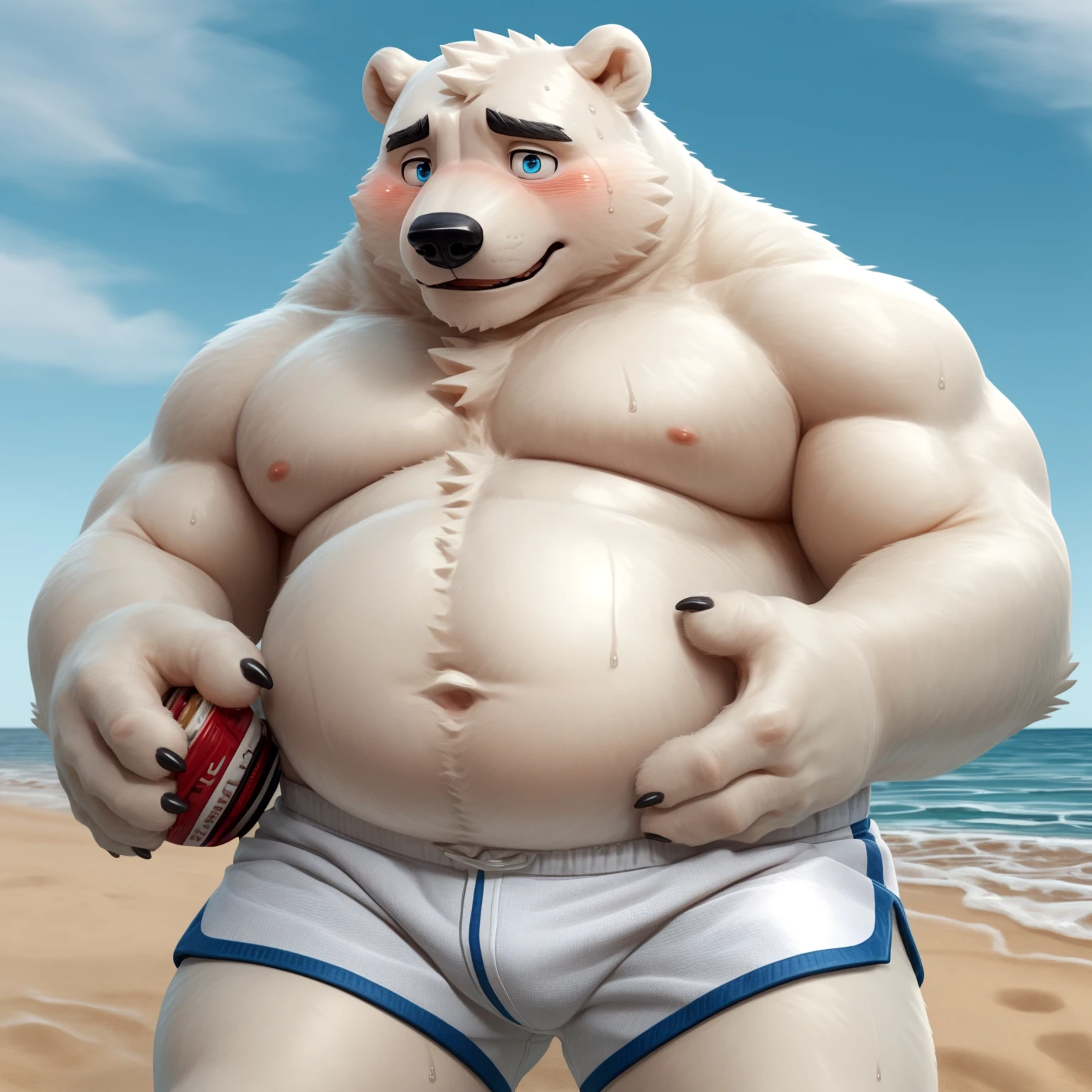 New Jersey 5 Furry,polar bear,Exquisite,topless,White shorts,Beach,on stomach,在Beach上,sweat, show foot, foot, The look. blush. foot,Solitary,Chubby,Fat,Thick arms,Rugged muscles,White plush fur,Chubby脸,Black eyebrows,Sky blue eyes,Beard,high resolution, top quality, best quality,鼓包的White shorts,sweat, show foot, foot, The look. blush. foot
