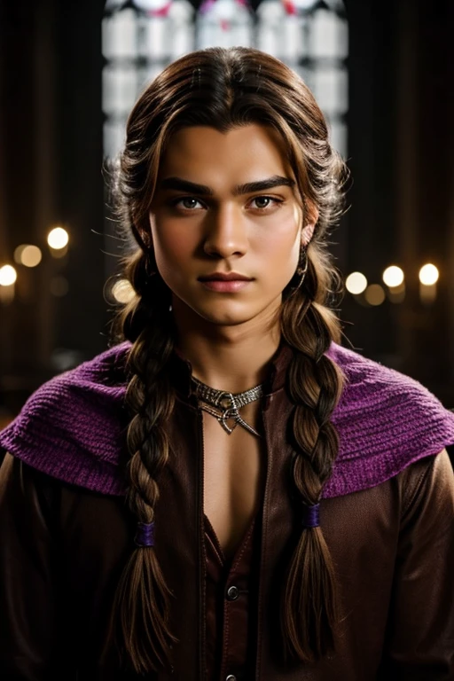 Werewolf guy, brown hair in a small braid, purple eyes sparkling like precious stones, my face, 21 years old