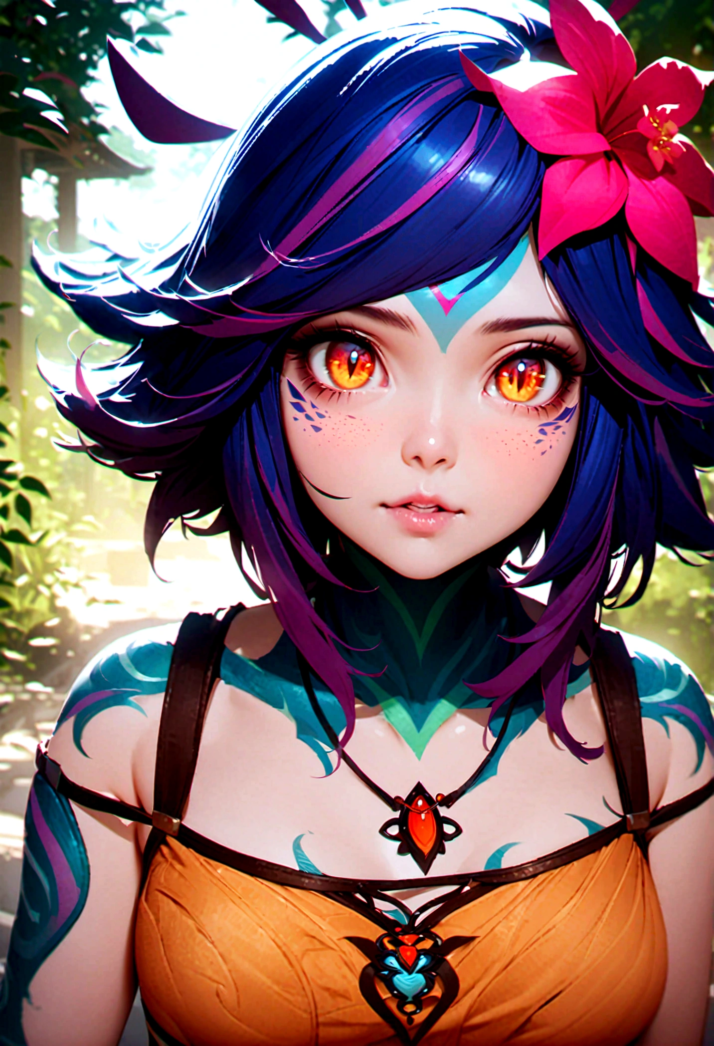 masterpiece,(best quality,top quality,8k),ultra detailed,illustration,painting,detailed eyes and face,(1girl),neeko, multicolored hair,(short hair), facial mark, forehead mark, hair ornament, hair flower, necklace,brown crop top,(puffy eyes),good contrast , high sharpness,(gorgeous),realistic,RAW Photography,(hyperdetailed:1.2)