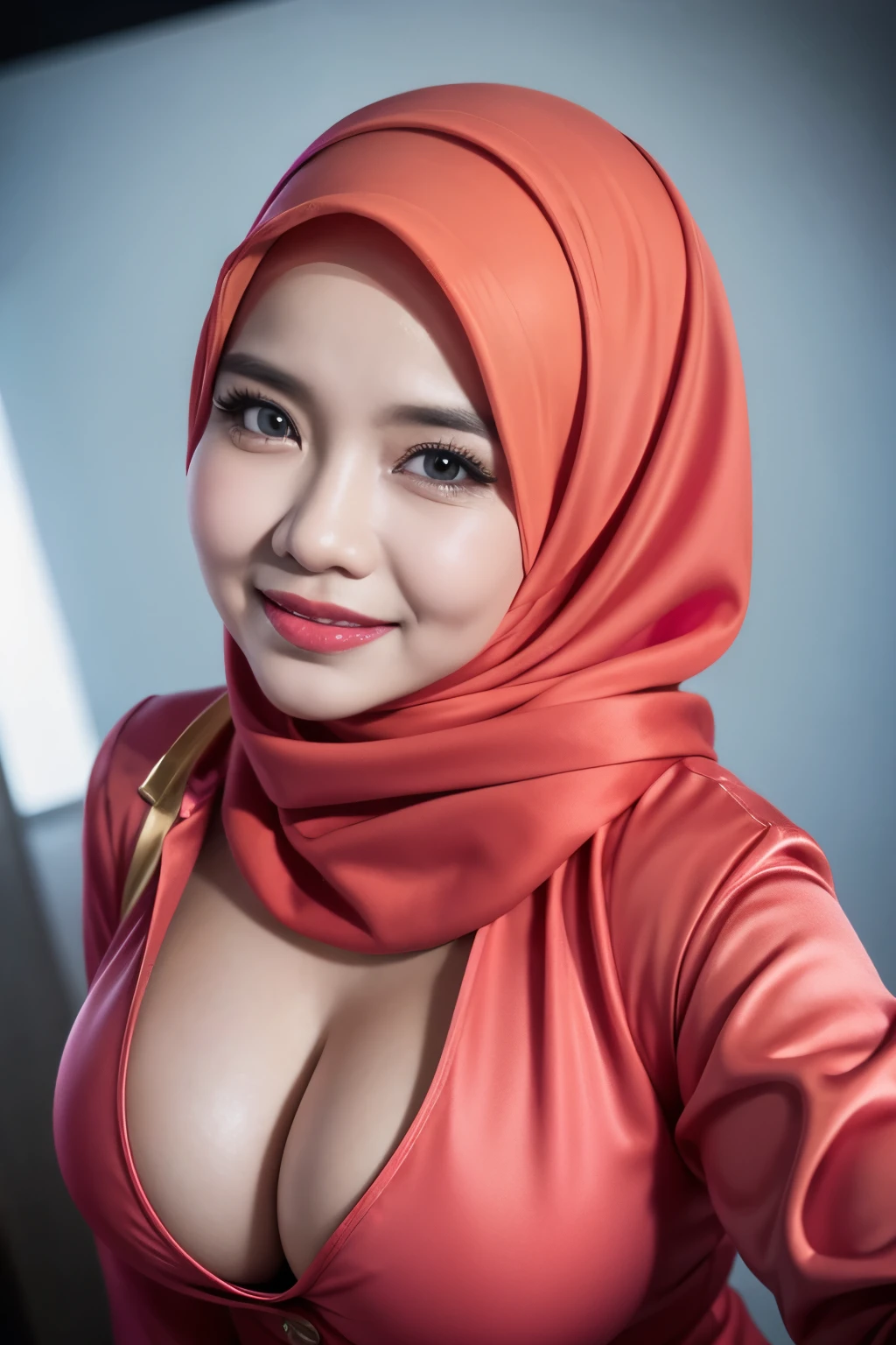 ((Old lady:1.3)), (((HIJAB))), matured malay woman in hijab wearing sexy satin red color pajamas portrait photography, mid shot photo, ultra detail, professional photograph with professional lighting, smile, light blue studio background, sexy seducing pose, curvy, (((BOOBS)))