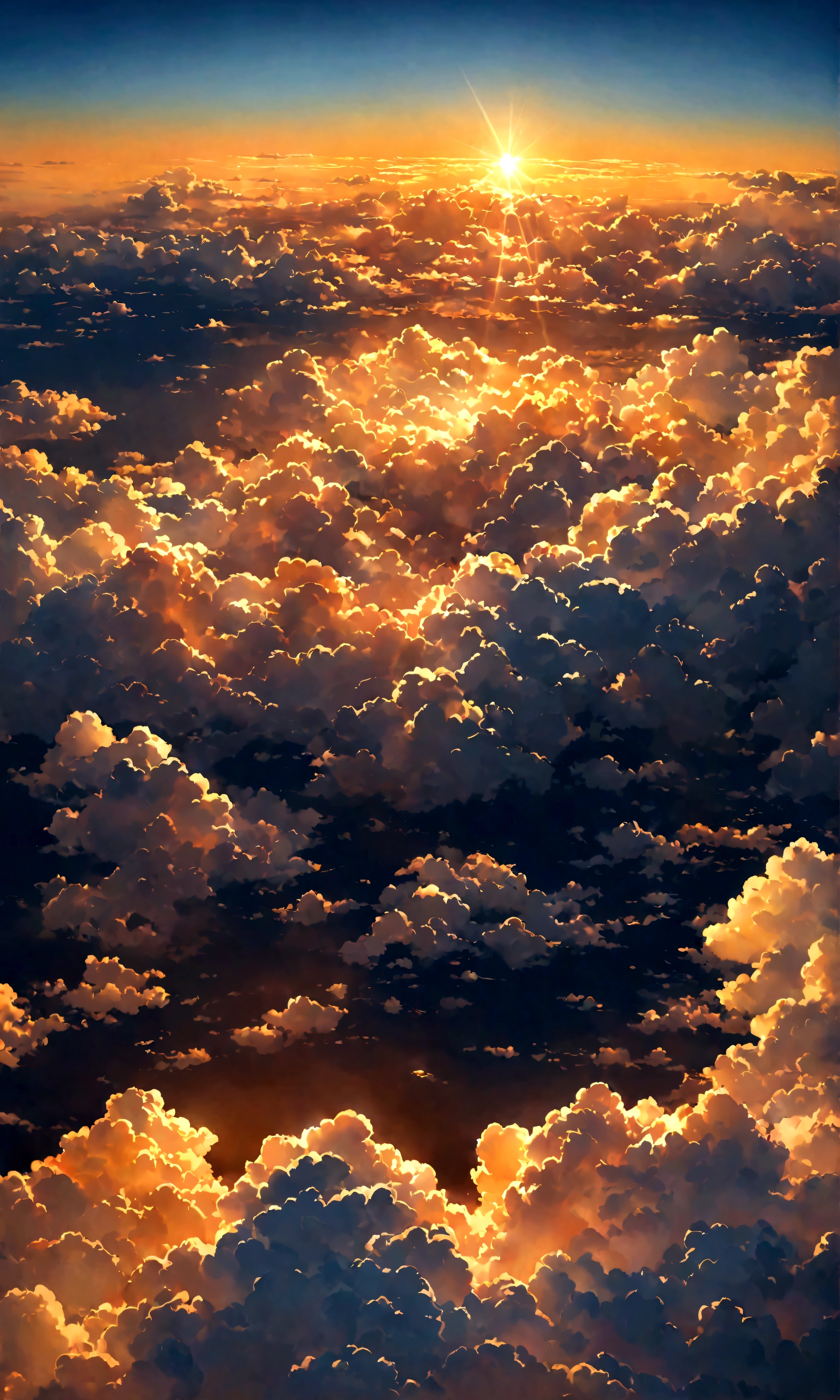 a picture taken from a plane of a sunset with clouds, digital art by Shen Che-Tsai, pexels, fantastic realism, among heavenly sunlit clouds, heavenly clouds, amazing sky, sunset in the clouds, golden clouds, stunning sky, breathtaking clouds, magnificient clouds, glowing clouds, sunset clouds, heaven on earth, golden heavenly lights