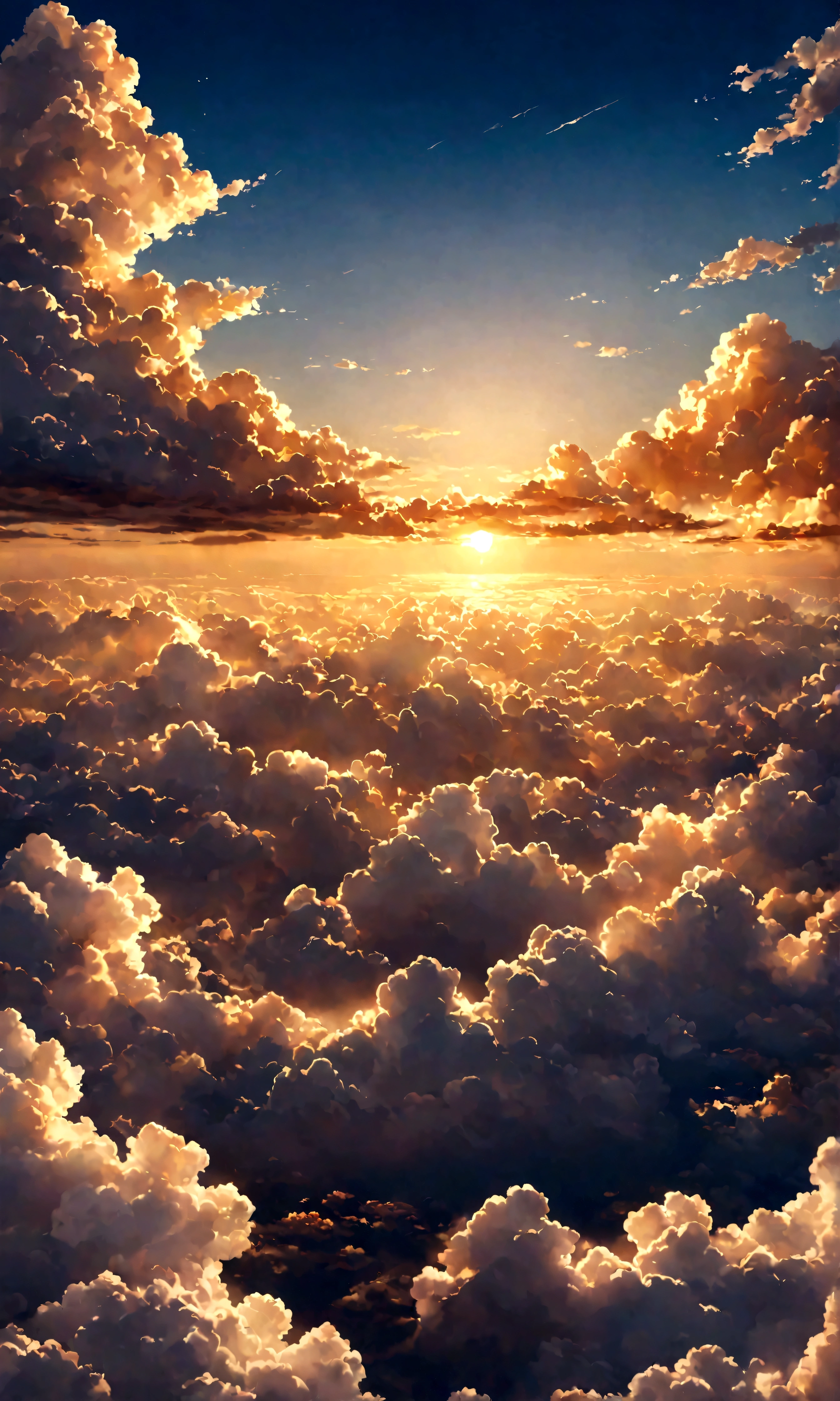 a picture taken from a plane of a sunset with clouds, digital art by Shen Che-Tsai, pexels, fantastic realism, among heavenly sunlit clouds, heavenly clouds, amazing sky, sunset in the clouds, golden clouds, stunning sky, breathtaking clouds, magnificient clouds, glowing clouds, sunset clouds, heaven on earth, golden heavenly lights