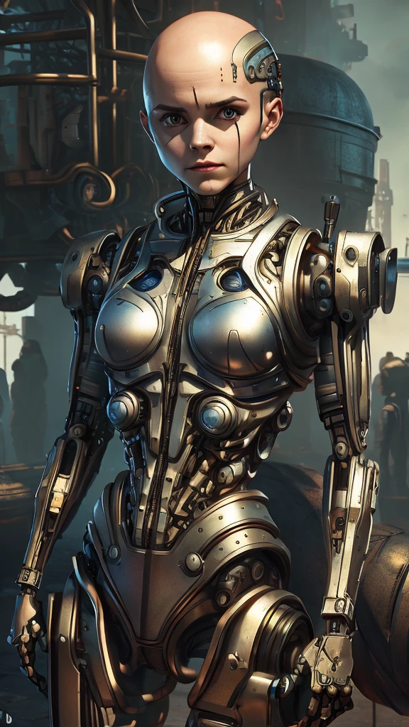 A bald cyborg Emma Watson, with loose wires, metallic skin, hoses, exposed torso, androidperson, mark brooks, david mann, robot brain, made of steel, hyperrealism, post-apocalyptic, mechanical parts, joints, mecha, j_sci-fi