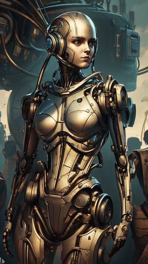 A bald cyborg Emma Watson, with loose wires, metallic skin, hoses, exposed torso, androidperson, mark brooks, david mann, robot brain, made of steel, hyperrealism, post-apocalyptic, mechanical parts, joints, mecha, j_sci-fi