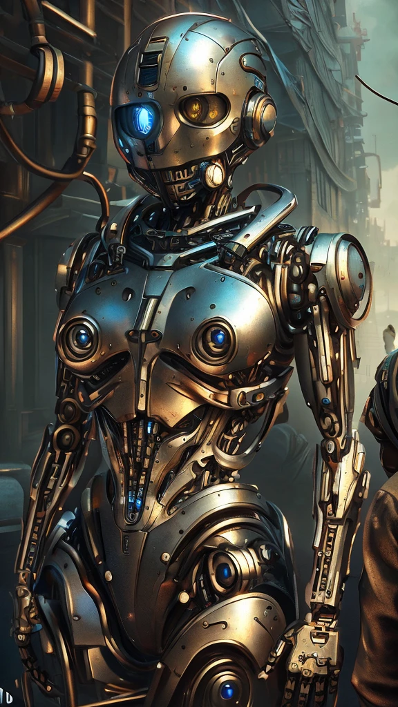 A bald cyborg Emma Watson, with loose wires, metallic skin, hoses, exposed torso, androidperson, mark brooks, david mann, robot brain, made of steel, hyperrealism, post-apocalyptic, mechanical parts, joints, mecha, j_sci-fi