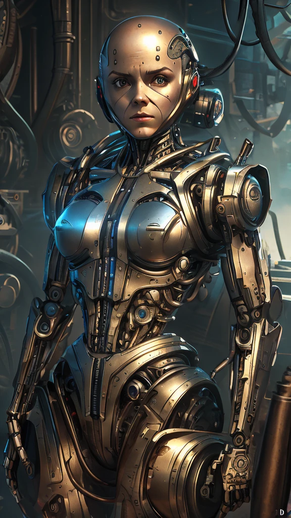 A bald cyborg Emma Watson, with loose wires, metallic skin, hoses, exposed torso, androidperson, mark brooks, david mann, robot brain, made of steel, hyperrealism, post-apocalyptic, mechanical parts, joints, mecha, j_sci-fi