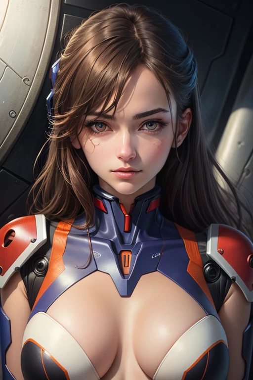 masterpiece, best quality, ultra-detailed, illustration, 1girl, highly detailed evangelion costume, (large robot background), detailed skin texture, beautiful detailed face, intricate details, ultra detailed