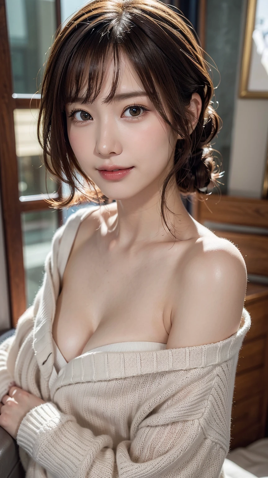 (masterpiece:1.3), (8k, Photorealistic, Raw photo, Best image quality: 1.4), Japanese 、(Random Hairstyles:1.2)、Cleavage:1.2、Super detailed face、Attention to detail、double eyelid、Put your chest together、Sharp focus:1.2、Beautiful woman:1.4、Light brown hair、highest quality、masterpiece、超A high resolution、(Photorealistic:1.4)、Highly detailed and professionally lit smile、Loose, lightweight knitwear、Shoulders out、thin、Serious expression、Short-haired、Deadly position