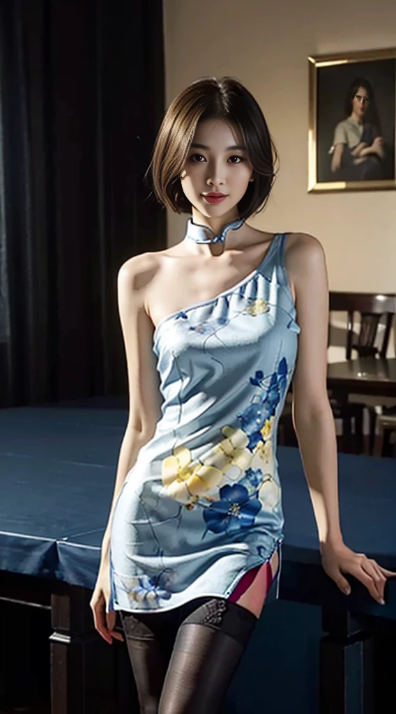 (shoulder-length straight short hair:1.2), upper body, extremely meticulous cg 8k wallpaper, extremely refined and beautiful, masterpiece, best quality:1.0, ultra high resolution:1.0, beautiful light up, perfect lightning, realistic shaded, [a high resolution], smooth and flawless fair skin, extremely exquisite facial details, ultra-detailed, a girl, small head, smile, cheerfulness, summer, night, close shot, at home, in living room, dark blue background, (standing at a large table:1.3), (very large white papers on the table:1.3), enjoying a comfortable and intoxicated expression, small face, (perfect body:1.1), very large round breasts, perfect hourglass figure, (yellow cheongsam:1.3), slender legs, shoulders off, bare shoulders, charming collarbone, flowers, from front, lean forward, (black stockings:1.3)