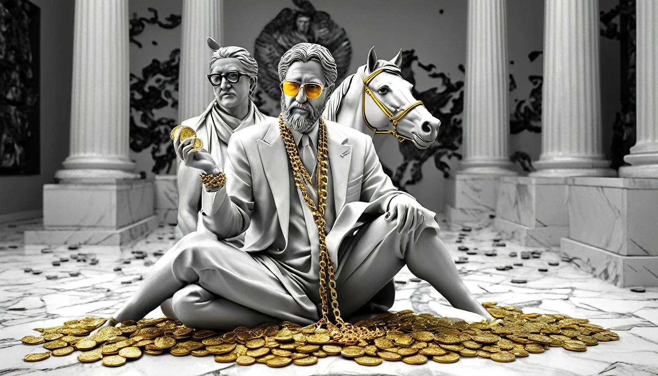 I want a sculpture of stoic philosophers with a black and white background. The picture should focus on the philosphers holding money or in a meeting and showing wealth. It should be a full-body sculpture with walls or buildings in the back ground. Hyper realistic wearing the gold chain glasses several gold coin scattered on the floor Best for creating fairy horse style and sharp lines.