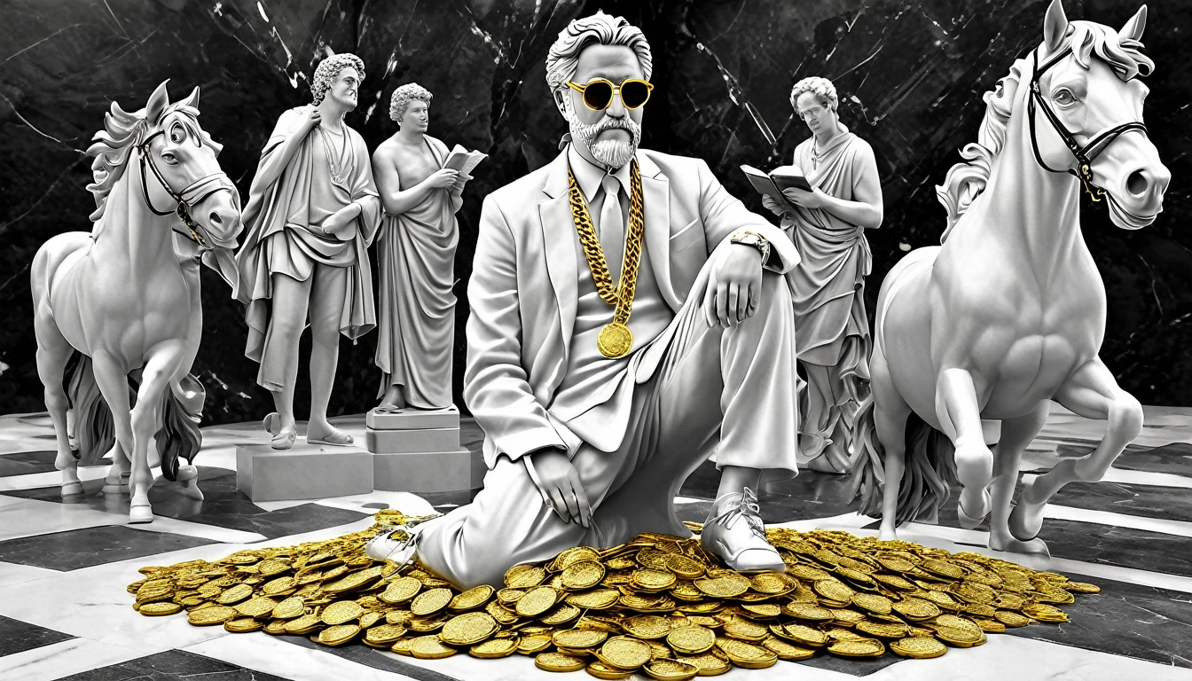 I want a sculpture of stoic philosophers with a black and white background. The picture should focus on the philosphers holding money or in a meeting and showing wealth. It should be a full-body sculpture with walls or buildings in the back ground. Hyper realistic wearing the gold chain glasses several gold coin scattered on the floor Best for creating fairy horse style and sharp lines.
