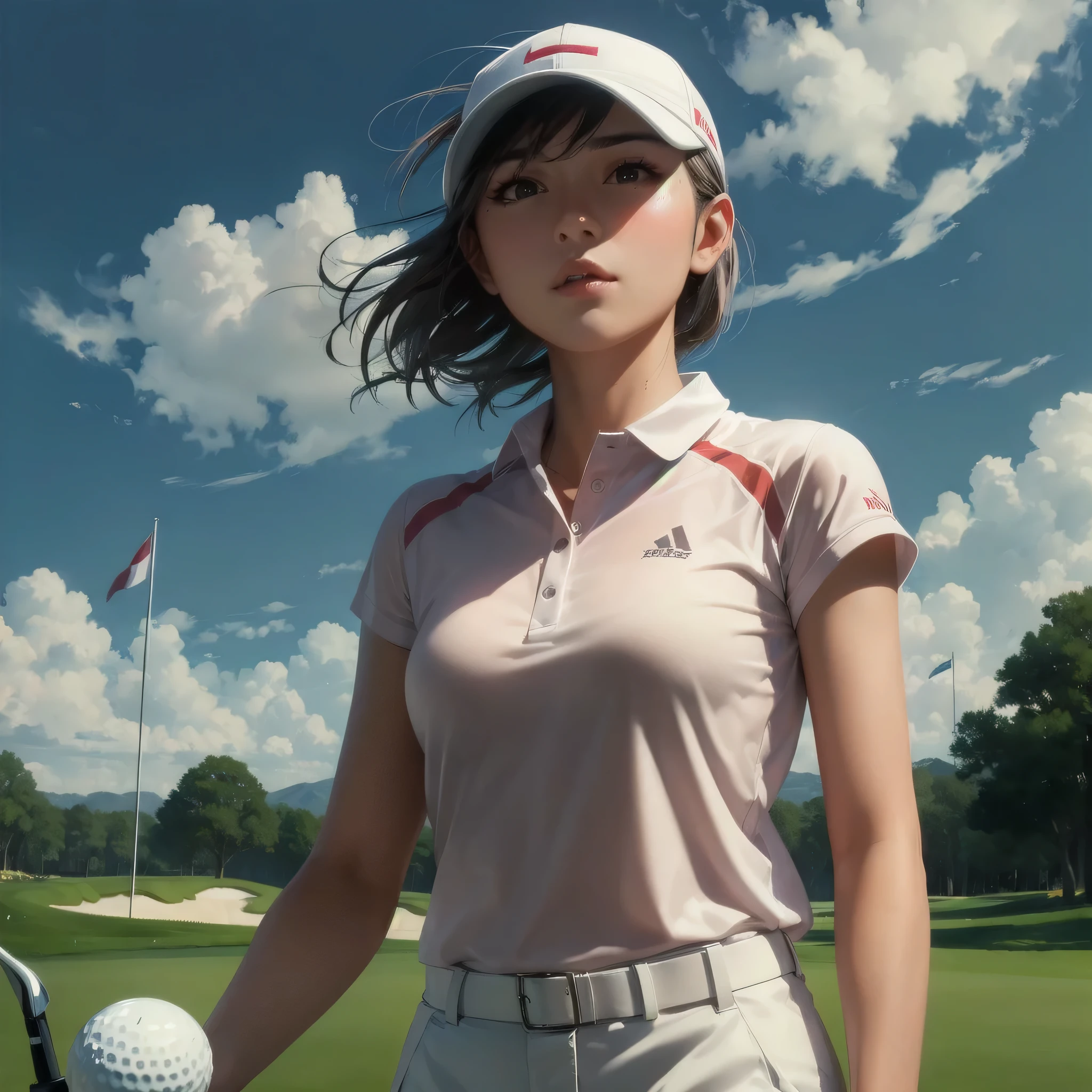  masterpiece, (textured skin), best quality, gorgeous beautiful girl, (a female golf athlete), detailed clothes,large breasts,narrow waist,, (beautiful face), cinematic lighting, (at golf venue),