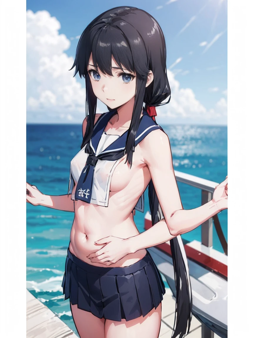 (( Fleet Collection、Kantai Collection、Yao、standing,multiple views、)),((Sailor suit、topless、breasts out,belly button、Bottomless))、woman,Full body photo, ((white background. White bed in a love hotel))) Best image quality, high quality, The background is clear，きれいなwoman, Japanese, detailed, detailed eyes, detailed skin, Beautiful Skin, 超High resolution, (reality: 1.4),とても美しいwoman, A little younger face, Beautiful Skin, thin, (Ultra-photorealism), (High resolution), (8k), (非常にdetailed) (Beautiful and detailed eyes), (非常にdetailed), (detailed face), Displaying the viewer, Fine details, detailed face, smile,Straight,Looking Ahead, StraightLooking Ahead, Photo Real, Baby Face,Hairstyle: ponytail、short hair,Brown Hair、smile,(((Sailor suit、topless、breasts out,belly button、No underwear、Bottomless)))(Gaunt, Skinny,)(((Gaunt, flat chest, ,)))(,))hair over one eye, from below,　(((Fleet Collection、Kantai Collection、Yao、standing,multiple views,))),drunk, laughing,