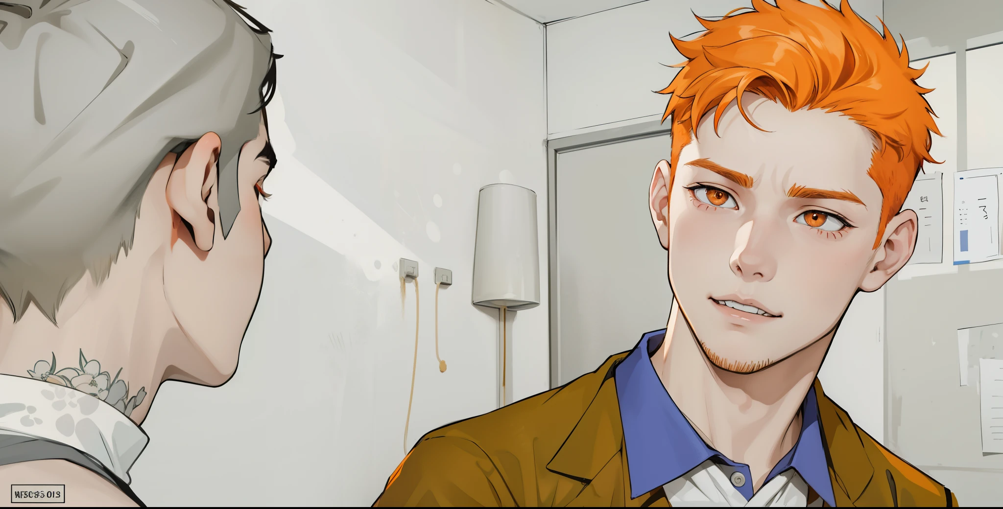 There are two boys, , orange hair, orange eyes, a little worried.