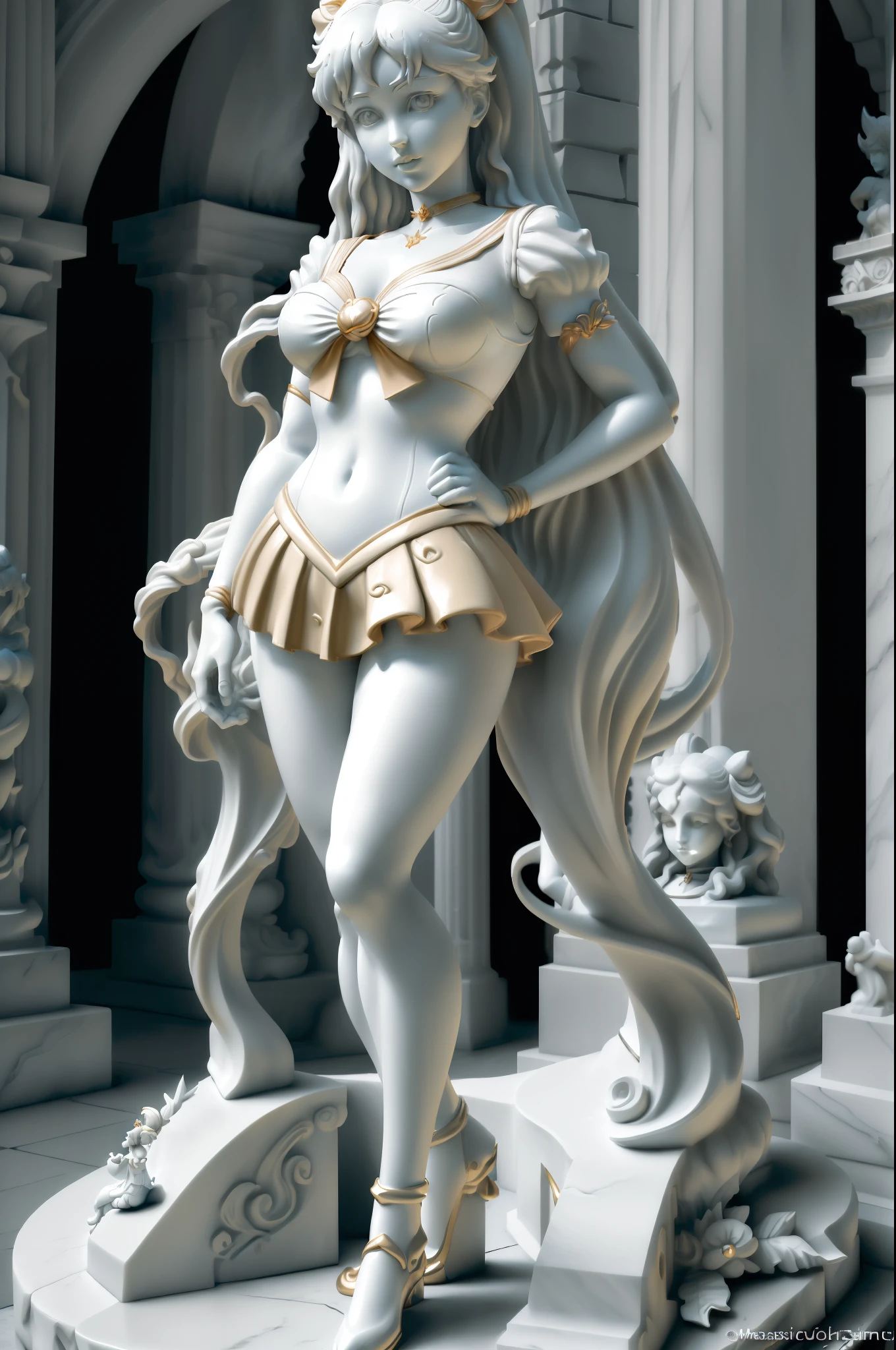 ((masterpiece:1.4), (highest quality:1.4), (Realistic:1.7))、RAW Photos、Octane Rendering、((An exquisite sculpture of Sailor Venus))、Full body goddess statue、From below、(((Only the sculpture is monochrome)))、(Costumes are sculpted in detail)、((Detailed marble statue))、Sexy pose、Big eyes、Droopy eyes、Large Breasts、(Sailor Warrior Uniform、Elbow hand pockets、tiara、Pleated mini skirt、Hair Ribbon、choker、White gloves、Very long hair)、Spotlight、The performance is beautiful、Parthenon temple、On a big moon night、