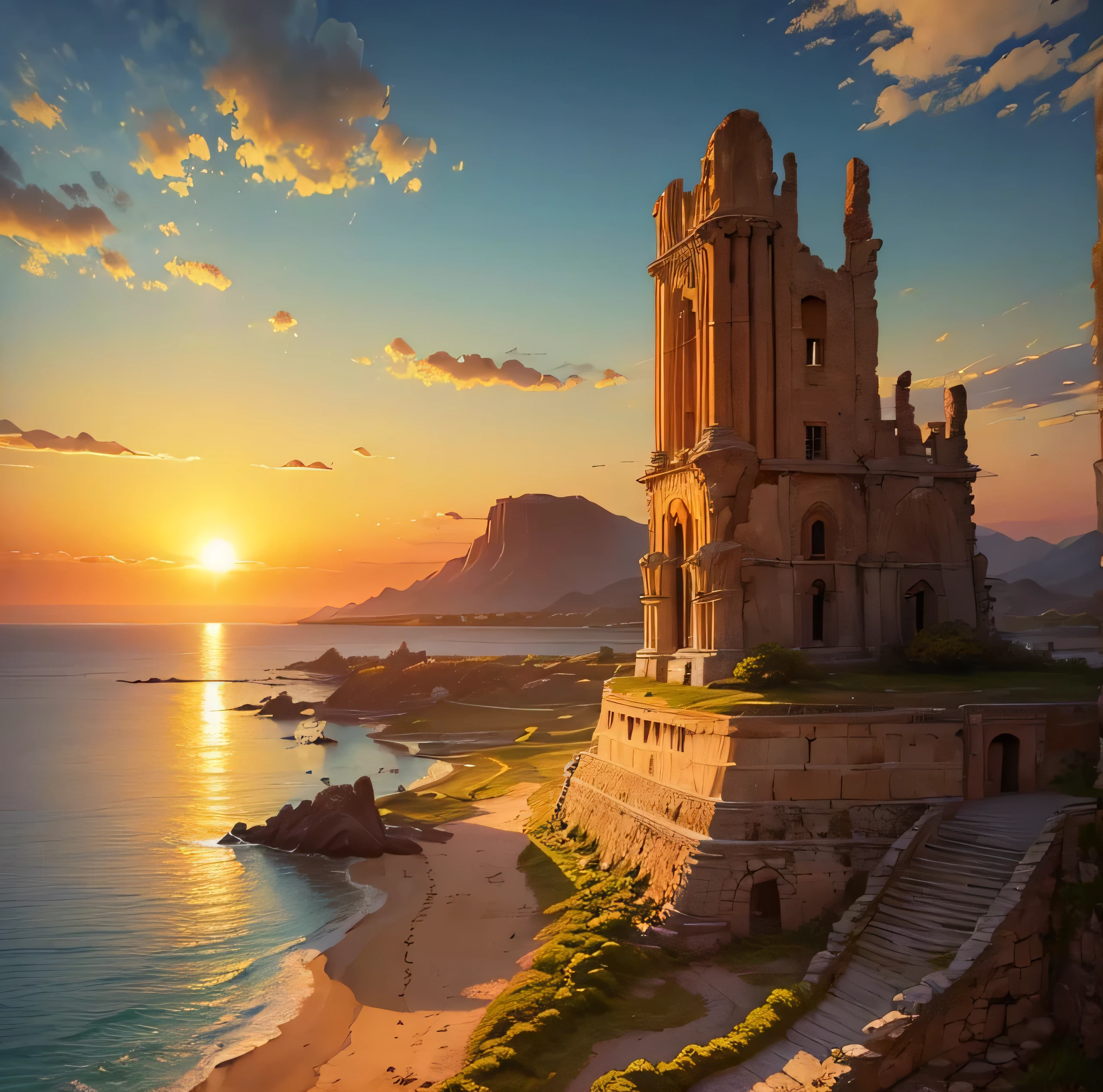 Golden Ancient Ruins floating in the air、A golden country where everything shines gold 、Golden Sea、Golden Ancient Ruins. with the sun setting on the horizon, Painting the sky orange and gold,Natural Beauty、 In a magical scene in the late afternoon." 、Lens flare、Landscape painting、No humans、((Landscape painting without people:1.4))