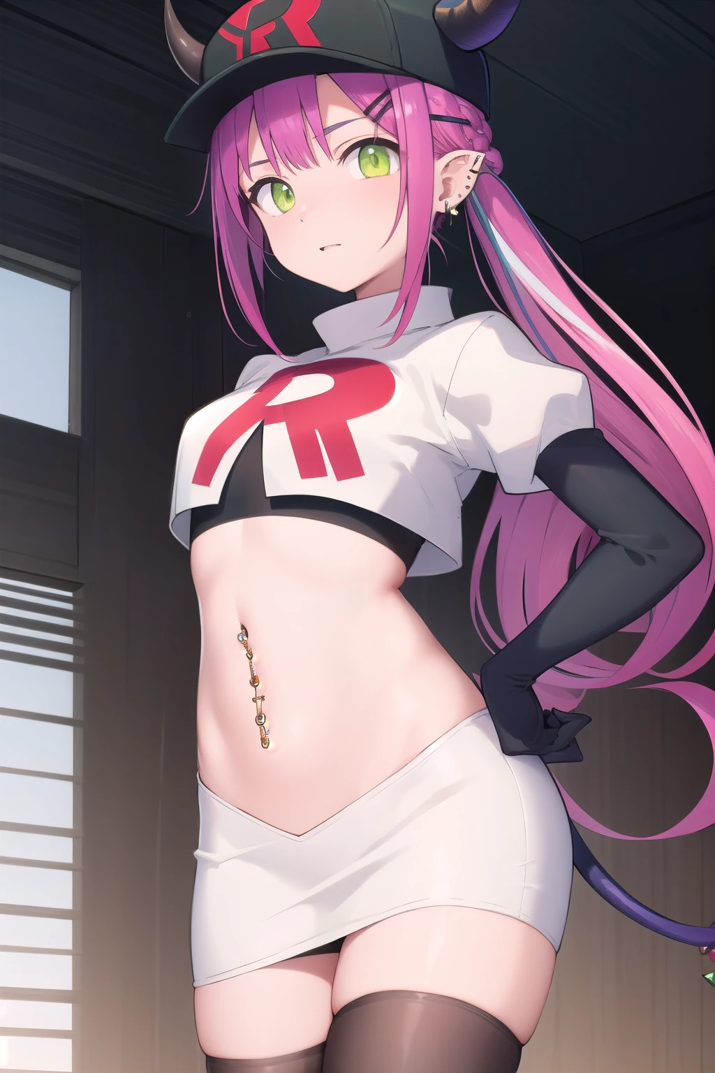 ((masterpiece)),(best quality),official art,extremely detailed CG,unity 8k wallpaper,ultra detailed,1girl,solo,cowboy shot,tokoyami towa,baseball cap,black headwear,colored inner hair,demon girl,demon tail,ear piercing,fake horns,green eyes,hair ornament,hairclip,hat,horned headwear,long hair,multicolored hair,navel piercing,pink hair,pointy ears,purple hair,sidelocks,twintails,streaked hair,tail ornament,tail piercing,team rocket,team rocket uniform,white skirt,red letter R,crop top,black thigh-highs,black elbow gloves