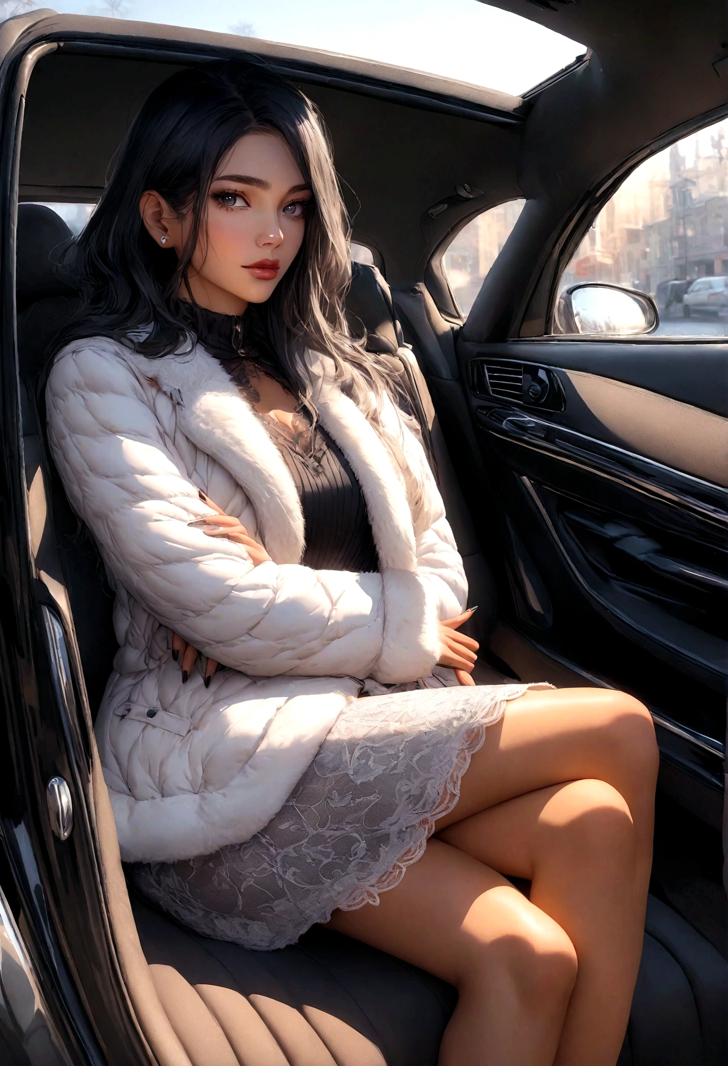 femme de 26 ans, cheveux cour noir, vetement d hiver , beau visage, Tanned skin (realistic skin) dans la voiture