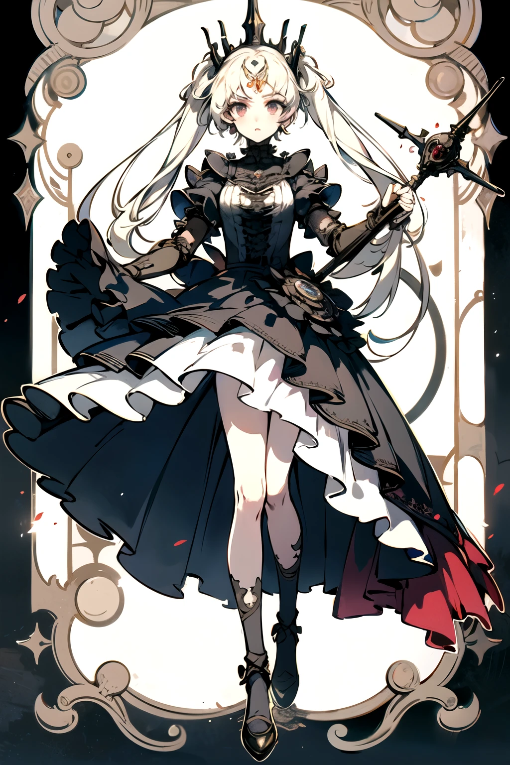 ((best quality)), ((masterpiece)), (detailed), perfect face ((best quality)), ((masterpiece)), (detailed), blank white background, plain background, white background, Bloodborne inspired, occult aesthetic, occult, detailed and intricate steampunk and detailed gothic, (zentangle, mandala, tangle, entangle), NSFW, torn clothing, Very dramatic and cinematic lighting, cosmic horror, grim-dark, side-lighting, perfect face, a beautiful goddess adorned and enshrined in armour, Bloodborne inspired , occult aesthetic , occult , detailed and intricate steampunk and detailed gothic , holding a spear or lance, NSFW, Fluttering lace flared short dress with frilly petticoats, knee length dress, pleated petticoats, ta dress, petticoats gothic loliside-lighting, gothic lolita aetic, beautiful small breasts, small breasts, full body, whole body, body, plain background, white background, blank background, no background, white background NSFW, full body, whole body, head-to-toe