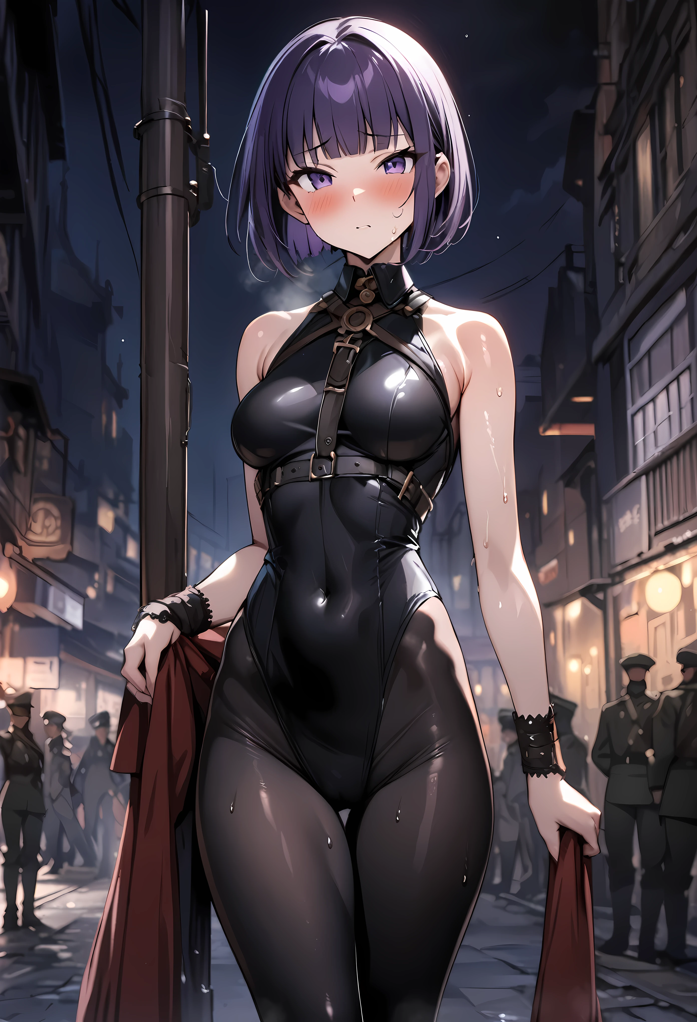 ((masterpiece, highest quality:1.3)),cowboy shot,20 year old beauty,female soldier,solo,((very small head)),dark purple hair,short bob hair,short blunt bangs,purple eyes,blush,medium breasts,((very long body,slender body)),skinny,gleaming skin,oily skin,sweat,uniform、aber、at night、Moonlight shining in、taisho steampunk、Tokyo in the Taisho era、