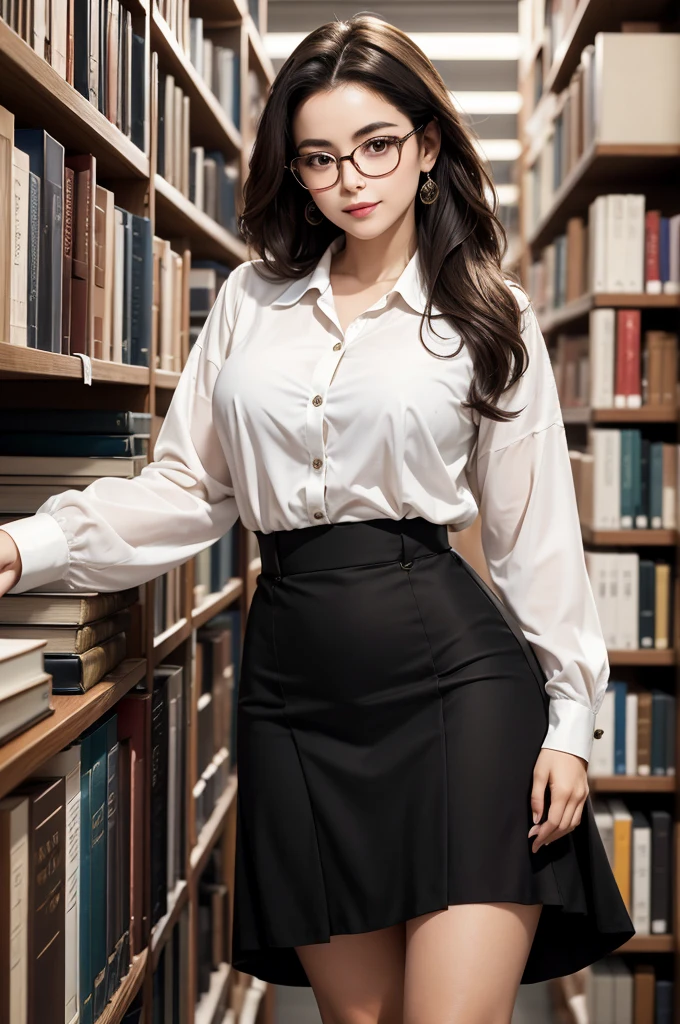 Amidst the shelves full of books in the large library, a stunning woman attracts attention. Her delicate face is framed by large prescription glasses., that accentuate your intelligence and charm. Hair is carefully combed, complementing your natural elegance. She wears an impeccable white dress shirt, whose buttons glow softly in the soft ambient light, and a short black skirt that highlights your graceful curves. Concentrada, ela percorre as prateleiras, os dedos finos deslizando sobre as lombadas dos livros, searching for a specific title. Her presence exudes a captivating blend of classical beauty and intellectual sophistication., making it an unforgettable sight.
