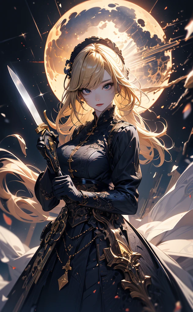 masterpiece, high quality, 4K, Beautiful design, silhouette,blonde, 非常に詳細な夜のStarry Sky,Flower Field, wonderful, Finer details, Very knowledgeable woman, Highly detailed solo, 1 female,Big Breasts,Gothic Lolita Fashion,knife,Night view,Starry Sky,full moon,