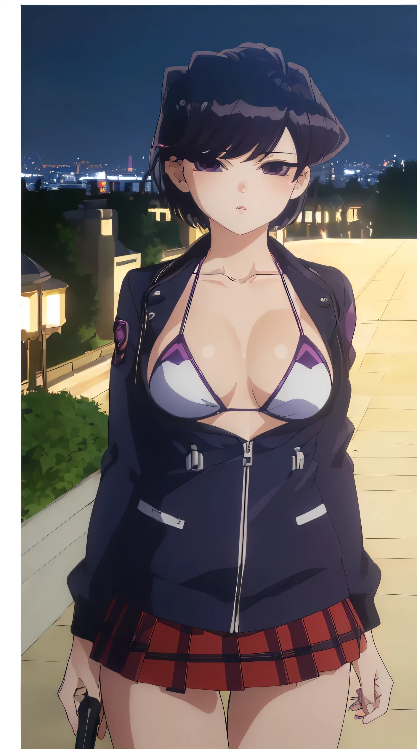 (best quality, 8k, high definition, ultra detailed, photorealistic:1.37), anime style, masterpiece, unity wallpaper, bikini violet, violet eyes, short hair, perfect anatomy, detailed faces, black jacket, short skirt, view of a palace at night.