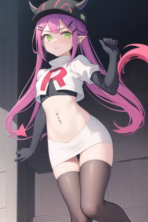 ((masterpiece)),(best quality),official art,extremely detailed CG,unity 8k wallpaper,ultra detailed,1girl,solo,cowboy shot,tokoyami towa,baseball cap,black headwear,colored inner hair,demon girl,demon tail,ear piercing,fake horns,green eyes,hair ornament,hairclip,hat,horned headwear,long hair,multicolored hair,navel piercing,pink hair,pointy ears,purple hair,sidelocks,twintails,streaked hair,tail ornament,tail piercing,team rocket,team rocket uniform,white skirt,red letter R,crop top,black thigh-highs,black elbow gloves