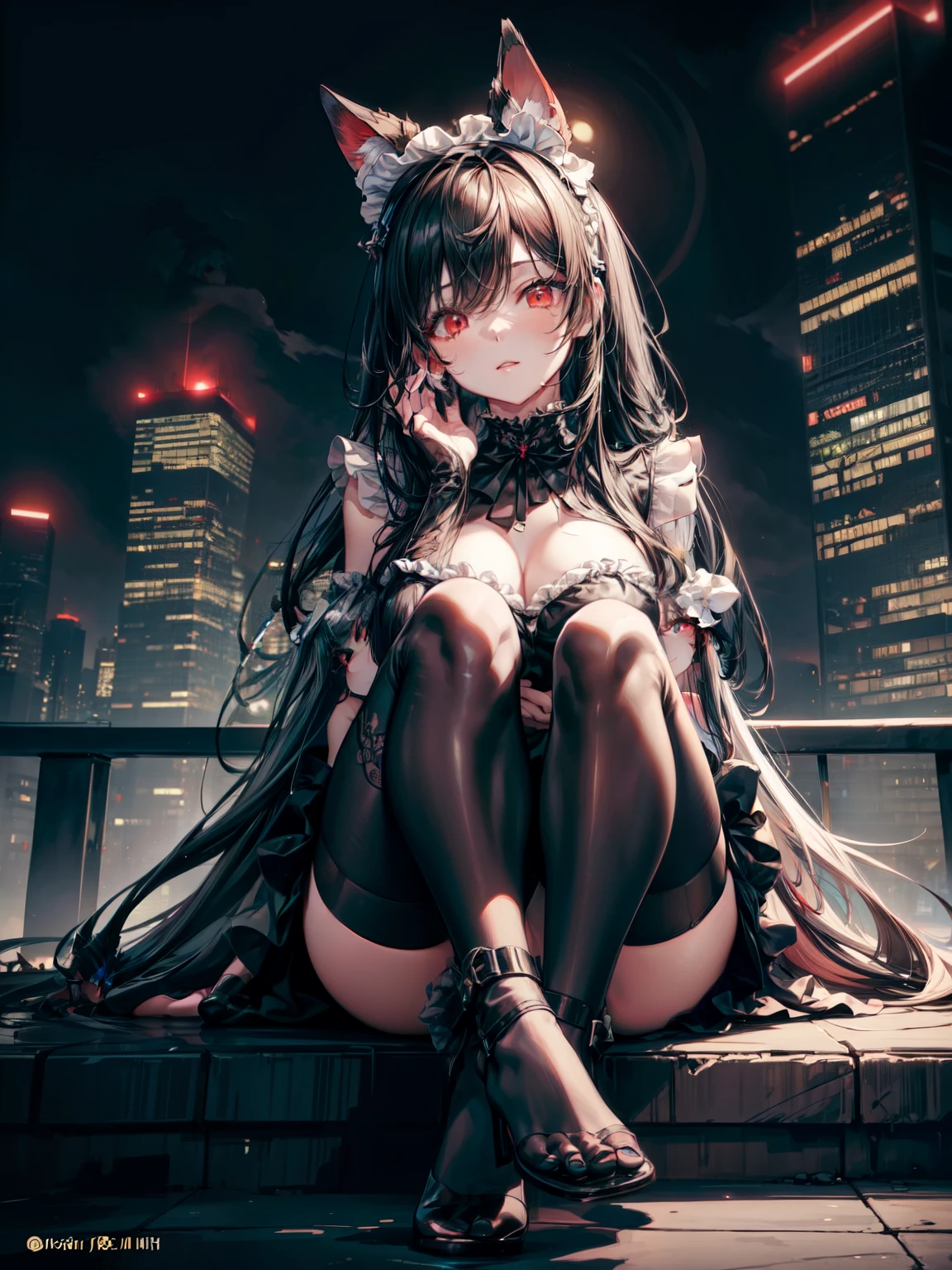 cinematic lighting,super dense skin、Beautiful quality with attention to detail,perfect anatomy,(replace、dim color, pleasant tone:1.3),mid journey anime style(Detailed beautiful facial features、red eyes:1.3)（Girl wearing a cyber style maid outfit with an apron、Girl playing the piano:1.4）、（cyberpunk style apron、hands and feet are machines:1.5）BREAK（Playing a black and white keyboard grand piano、neon glowing piano、Detailed hands and feet with highly accurate sculptural structure:1.3）BREAK、(Big city buildings at night、building rooftop、overlooking a skyscraper:1.2)dynamism（the night deepens、shining moon、beautiful night:1.5）monster cat girl、whole body