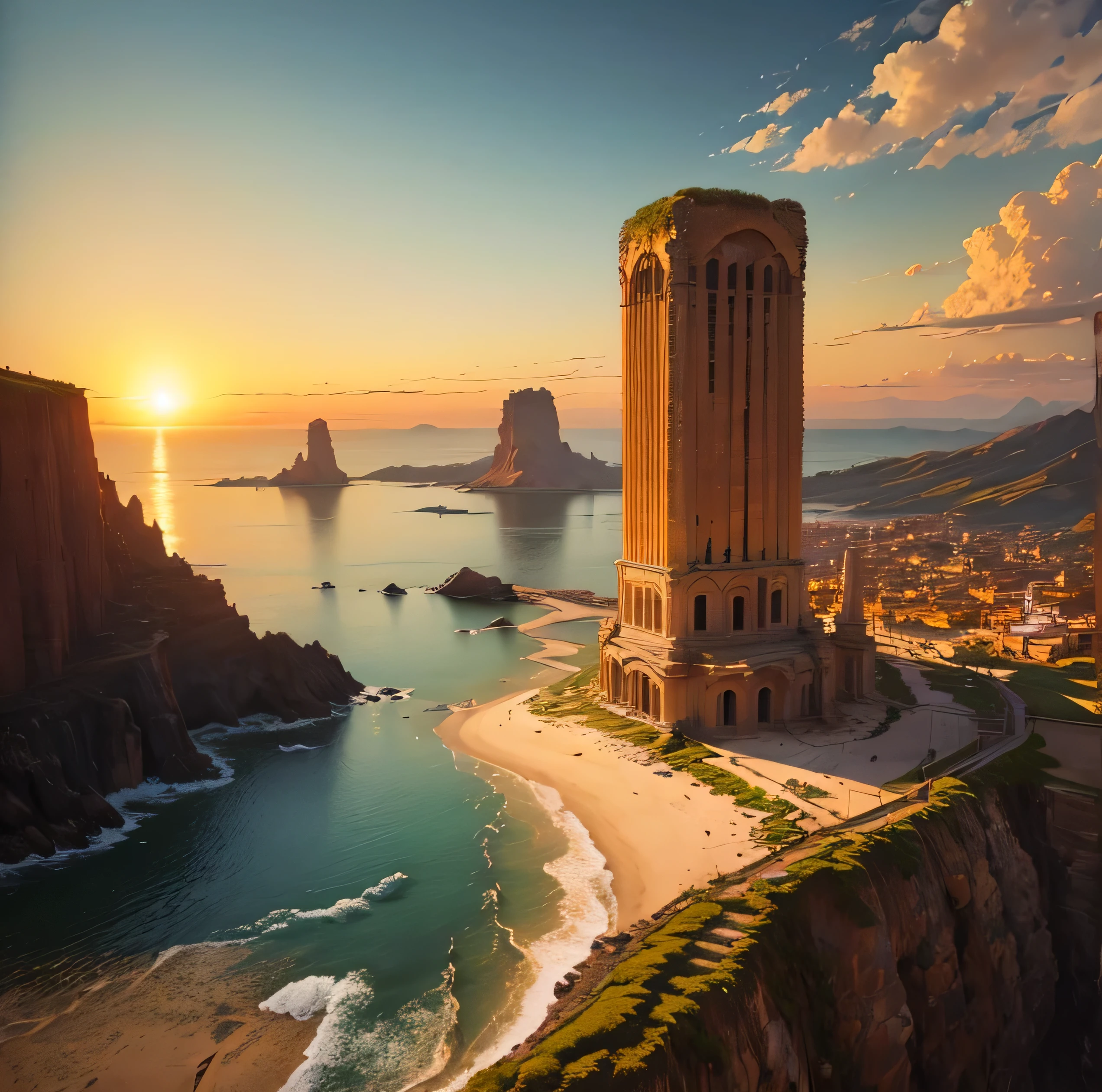Golden Ancient Ruins floating in the air、A golden country where everything shines gold 、Golden Sea、Golden Ancient Ruins. with the sun setting on the horizon, Painting the sky orange and gold,Natural Beauty、 In a magical scene in the late afternoon." 、Lens flare、Landscape painting、No humans、((Landscape painting without people:1.4))
