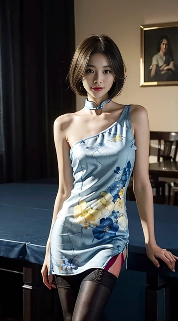 A gorgeous Chinese girl in a yellow translucent Qipao, standing at a large table with large white papers, enjoying a comfortable and intoxicated expression, with a small face, perfect body, very large round breasts, perfect hourglass figure, black bra and underwear, slender legs, bare shoulders, charming collarbone, flowers in the background, night scene with a dark blue background, best quality, 8k, ultra-detailed, extremely refined and beautiful, masterpiece, realistic shaded, smooth and flawless fair skin, extremely exquisite facial details, small head, smile, cheerfulness, bokeh, close shot, in living room, (standing at a large table:1.3), (very large white papers on the table:1.3), (black stockings:1.3), (perfect body:1.1), beautiful light up, perfect lightning