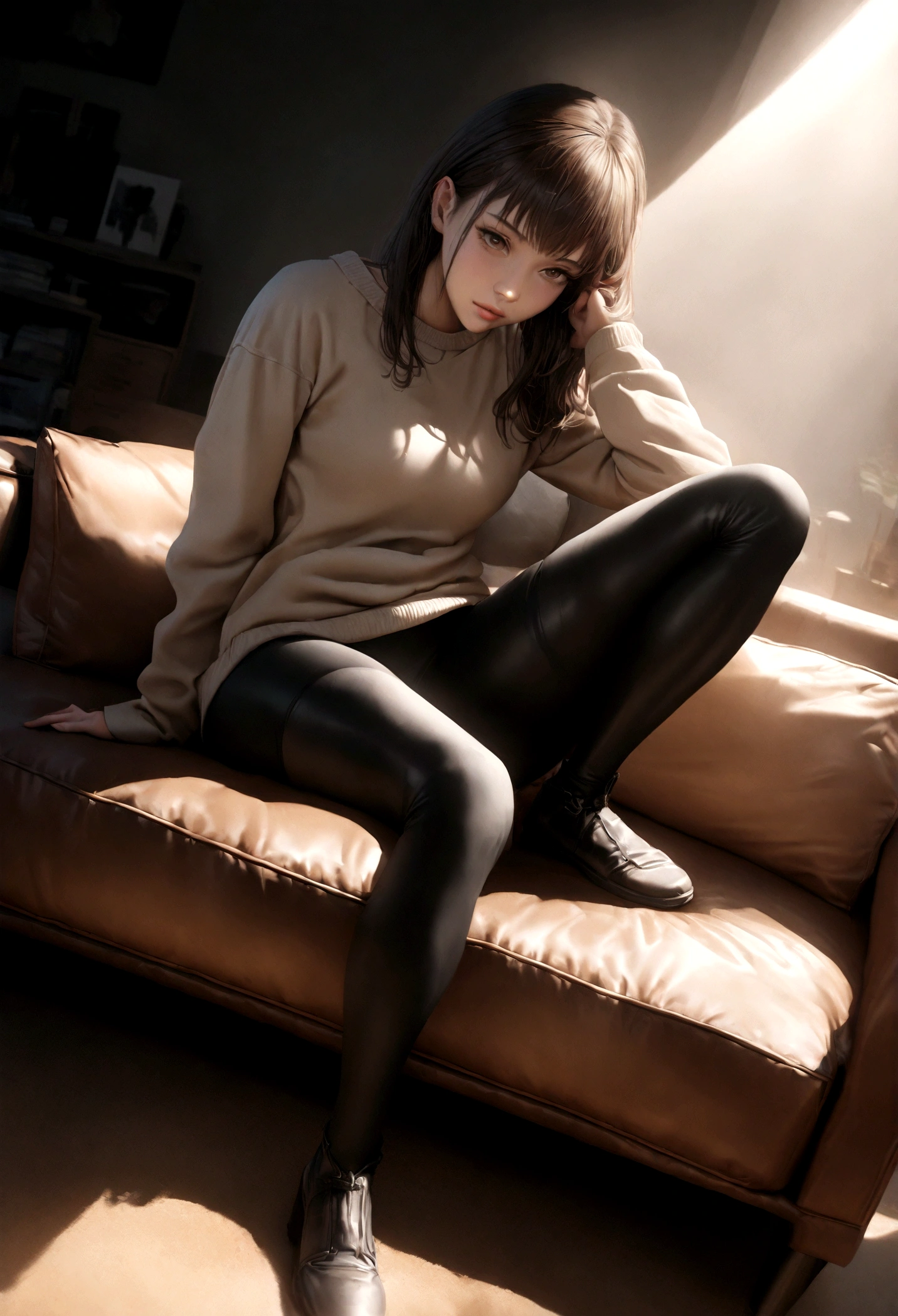 gorgeous young french woman, in her living room, on a sofa, wearing a legging and a sweatshirt, full body, beautiful face, masterpiece, best quality, ultra-detailed, solo, shadows, contrast, cinematic light, side lighting, ultra high resolution, best shadow, RAW, 4k, 85 mm, poca profundidad de campo, Kodak Vision Color, extrem adamente detallado, Cinematographer_ \(ultra\), photoreallistic, Realstic, Postproceso, Maximum details, asper eza, vida real, ultra realista, fotorrealismo, Cinematographer, 8k UHD, Cinematographer